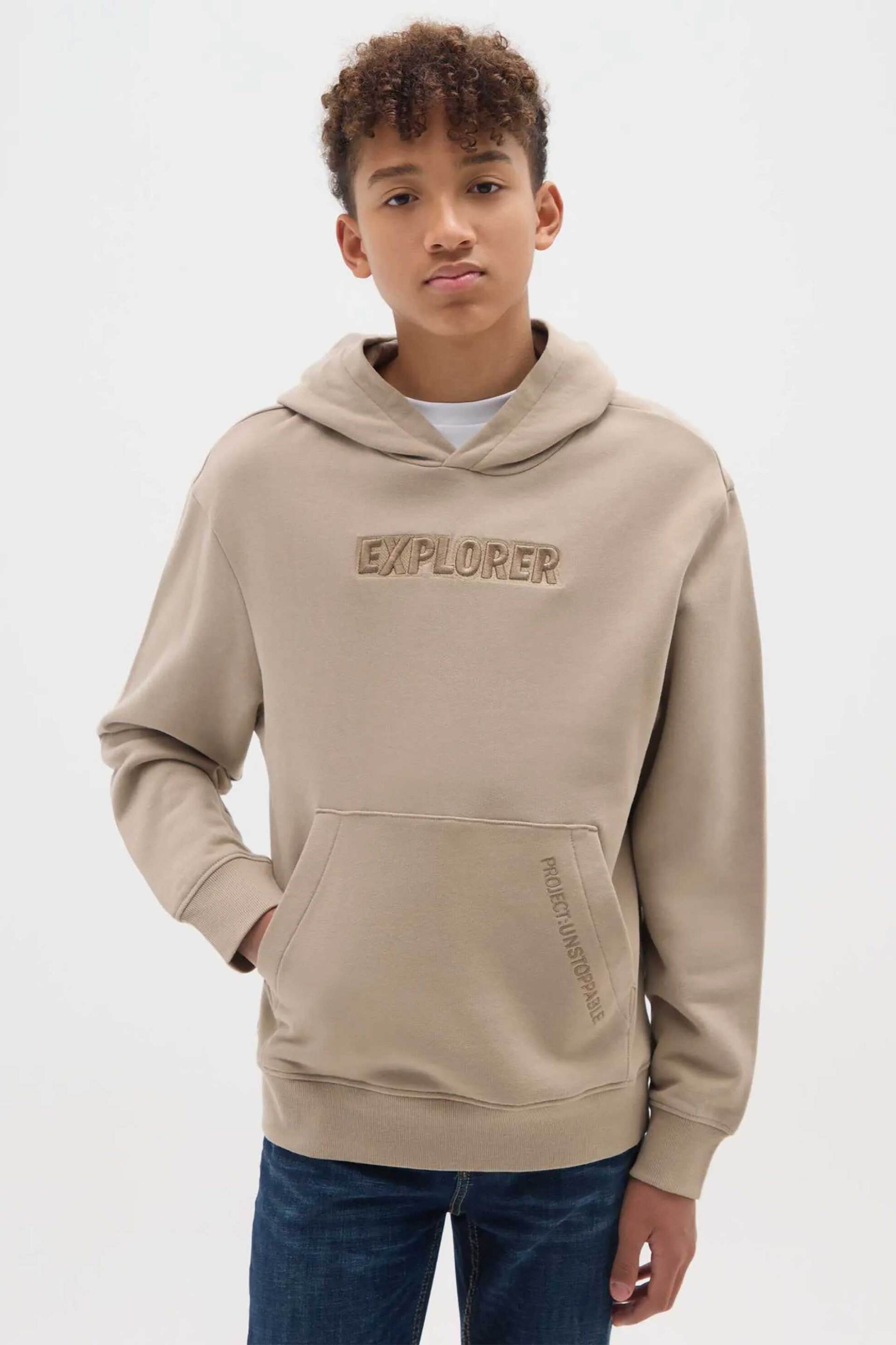 OVS παιδική μπλούζα φούτερ με κεντημένο lettering print και κουκούλα Regular Fit - 002476008 Μπεζ