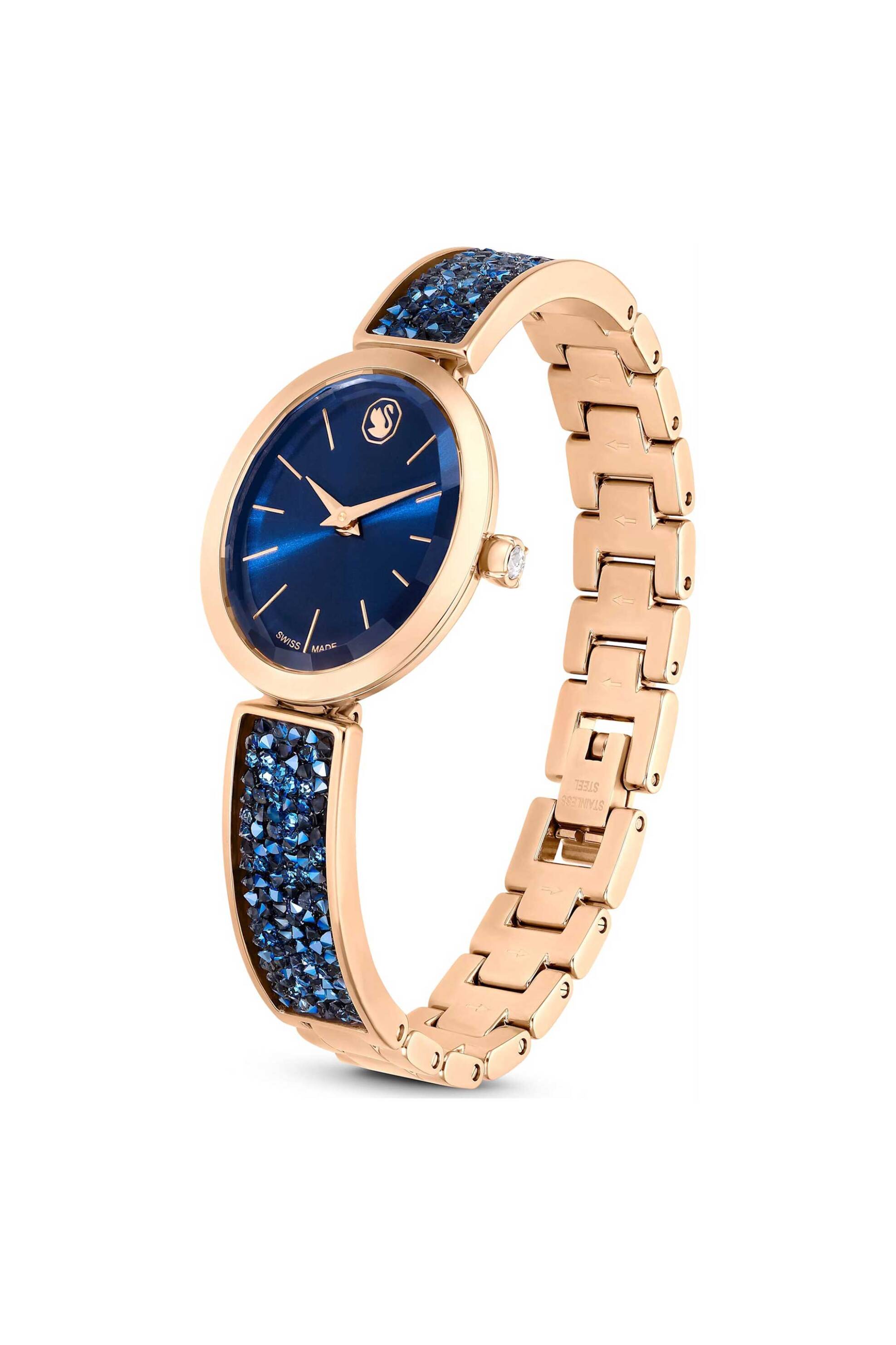 SWAROVSKI Swarovski γυναικείο ρολόι oval swiss made, κρυστάλλινο μπρασελέ, μπλε, φινίρισμα σε χρυσό σαμπανί τόνο "Crystal Rock" - 5656822