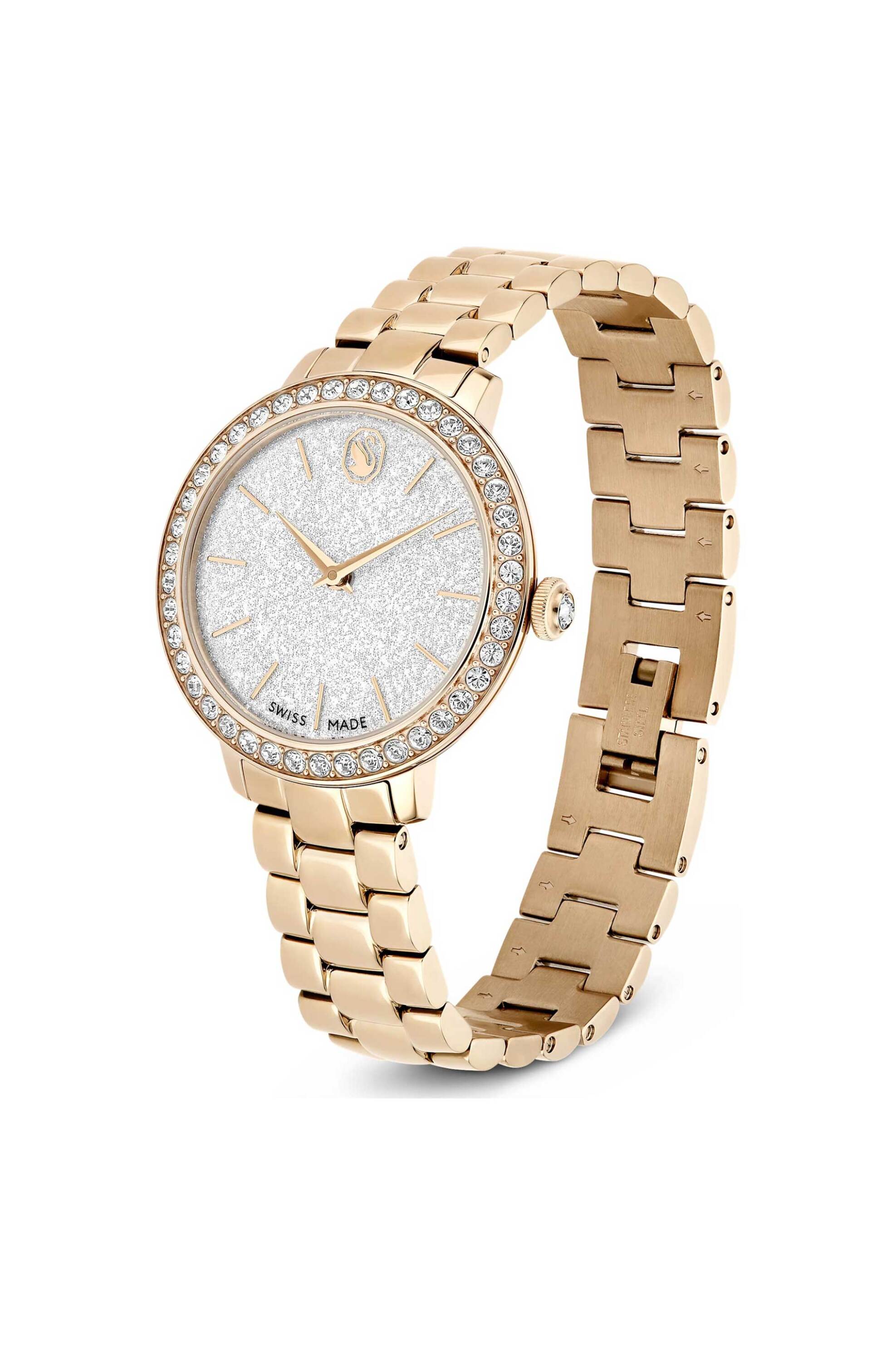 SWAROVSKI Swarovski γυναικείο ρολόι 3-link swiss made, μεταλλικό μπρασελέ, χρυσαφί τόνος, φινίρισμα σε χρυσό σαμπανί τόνο "Matrix" - 5715026