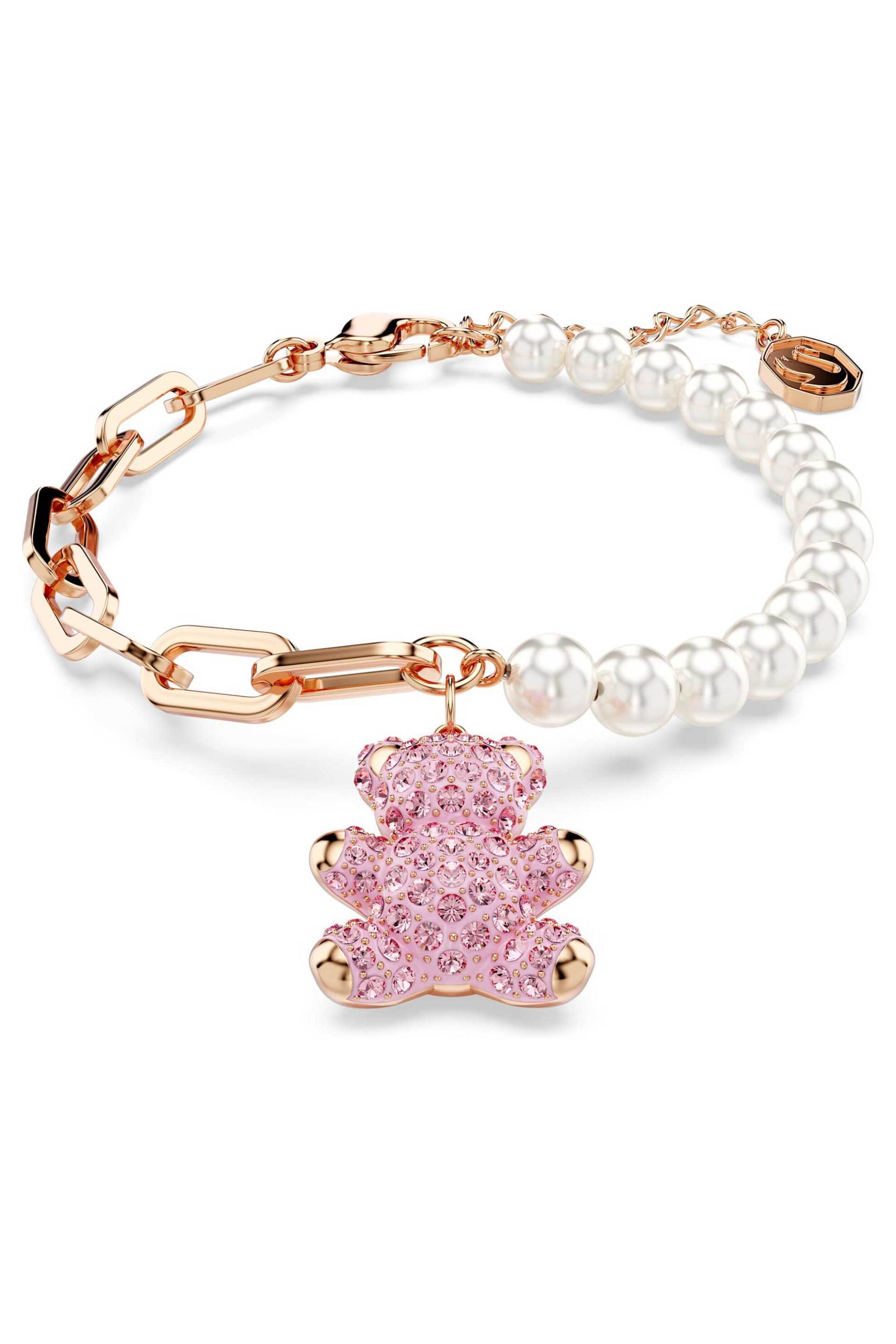 Swarovski γυναικείο βραχιόλι crystal pearl, αρκούδα, ροζ, επιμετάλλωση σε ροζ χρυσαφί τόνο "Teddy" - 5669169