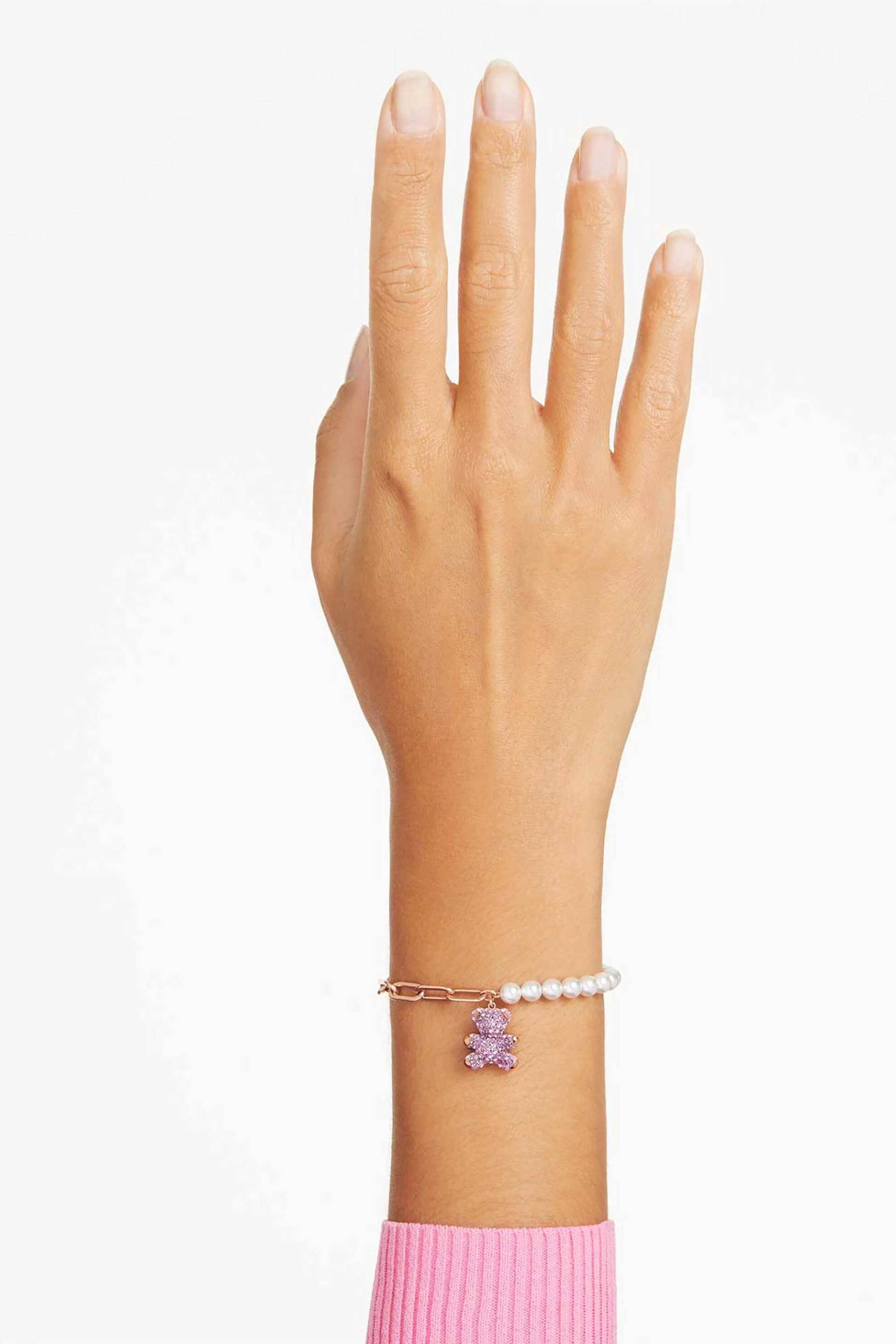 Swarovski Γυναικείο Βραχιόλι Crystal Pearl Αρκούδα Ροζ Επιμετάλλωση σε Χρυσαφί Τόνο Teddy - 5669169