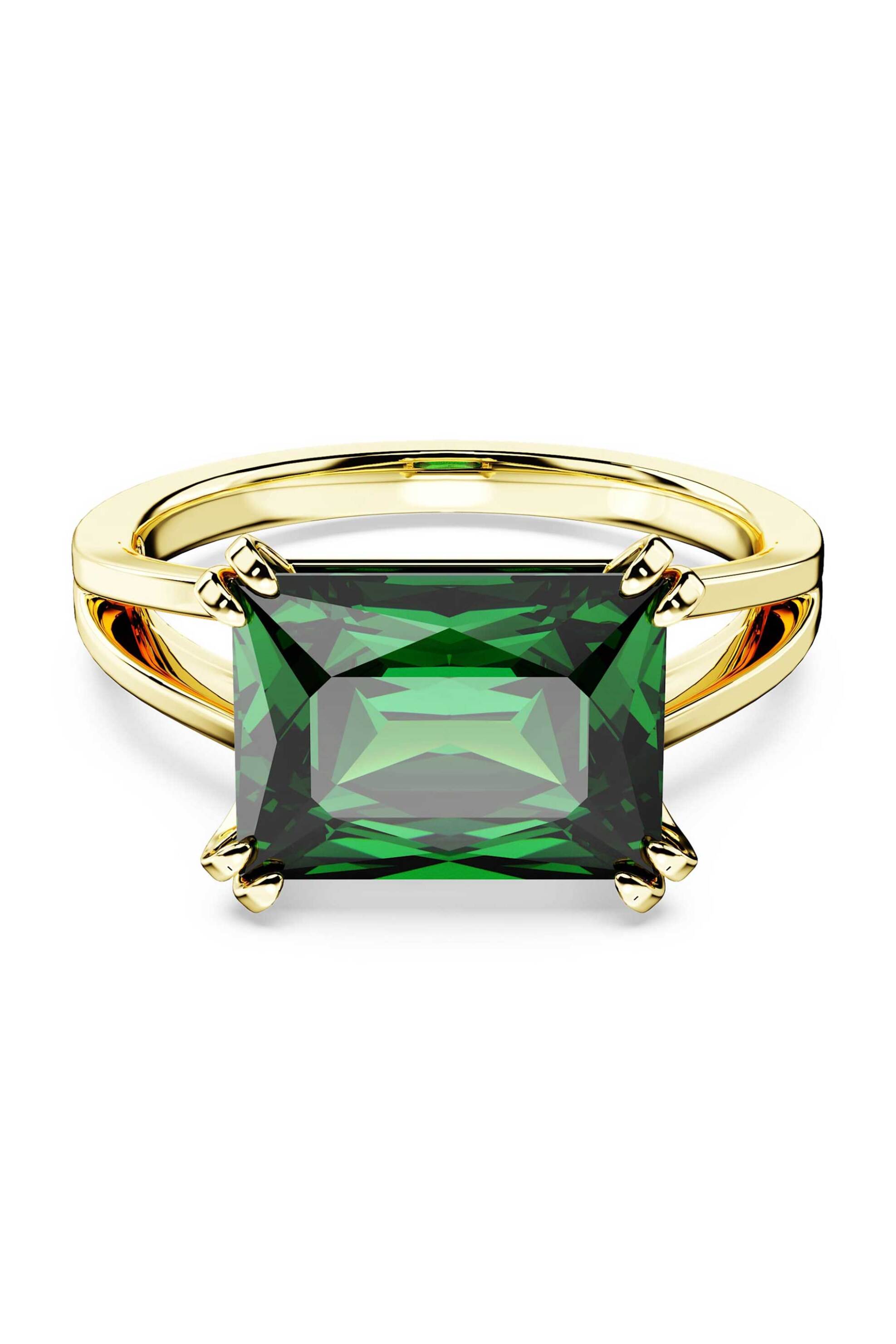 Swarovski γυναικείο δαχτυλίδι κοκτέιλ ορθογώνια κοπή, πράσινο, επιμετάλλωση σε χρυσαφί τόνο 