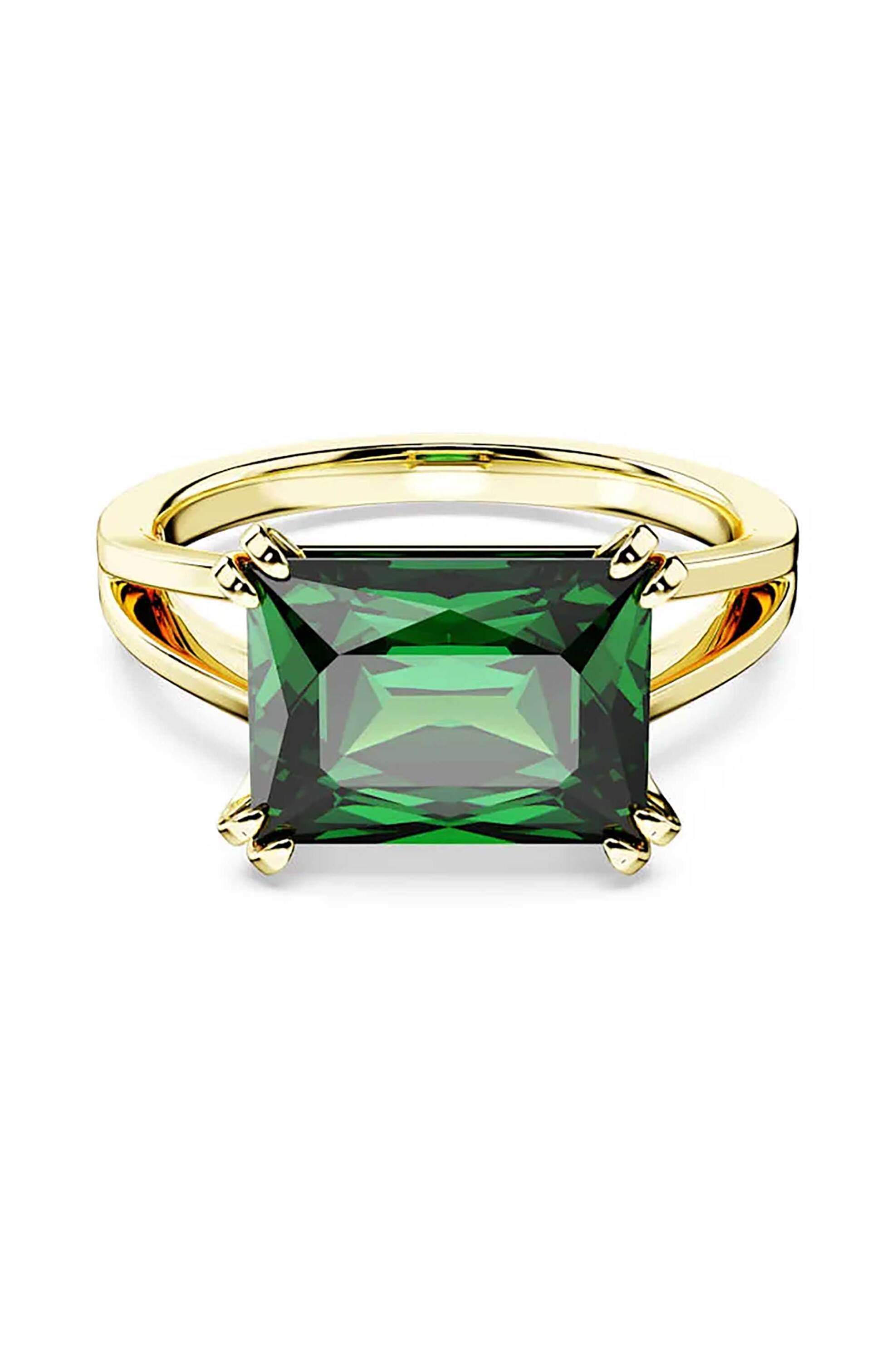 Swarovski γυναικείο δαχτυλίδι κοκτέιλ ορθογώνια κοπή, πράσινο, επιμετάλλωση σε χρυσαφί τόνο 