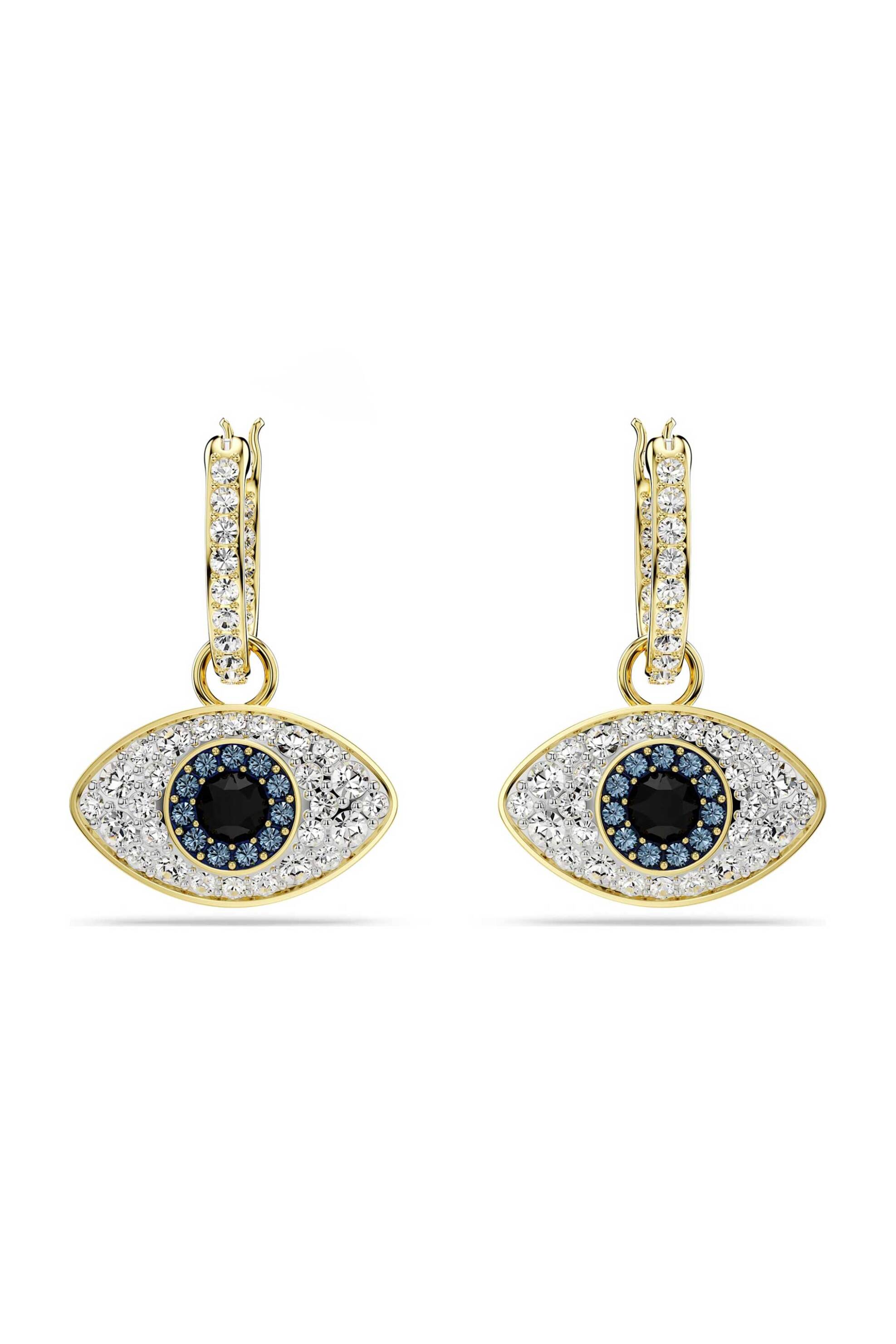 Swarovski γυναικεία σκουλαρίκια-σταγόνα μάτι, μπλε, επιμετάλλωση σε χρυσαφί τόνο "Symbolica" - 5692163