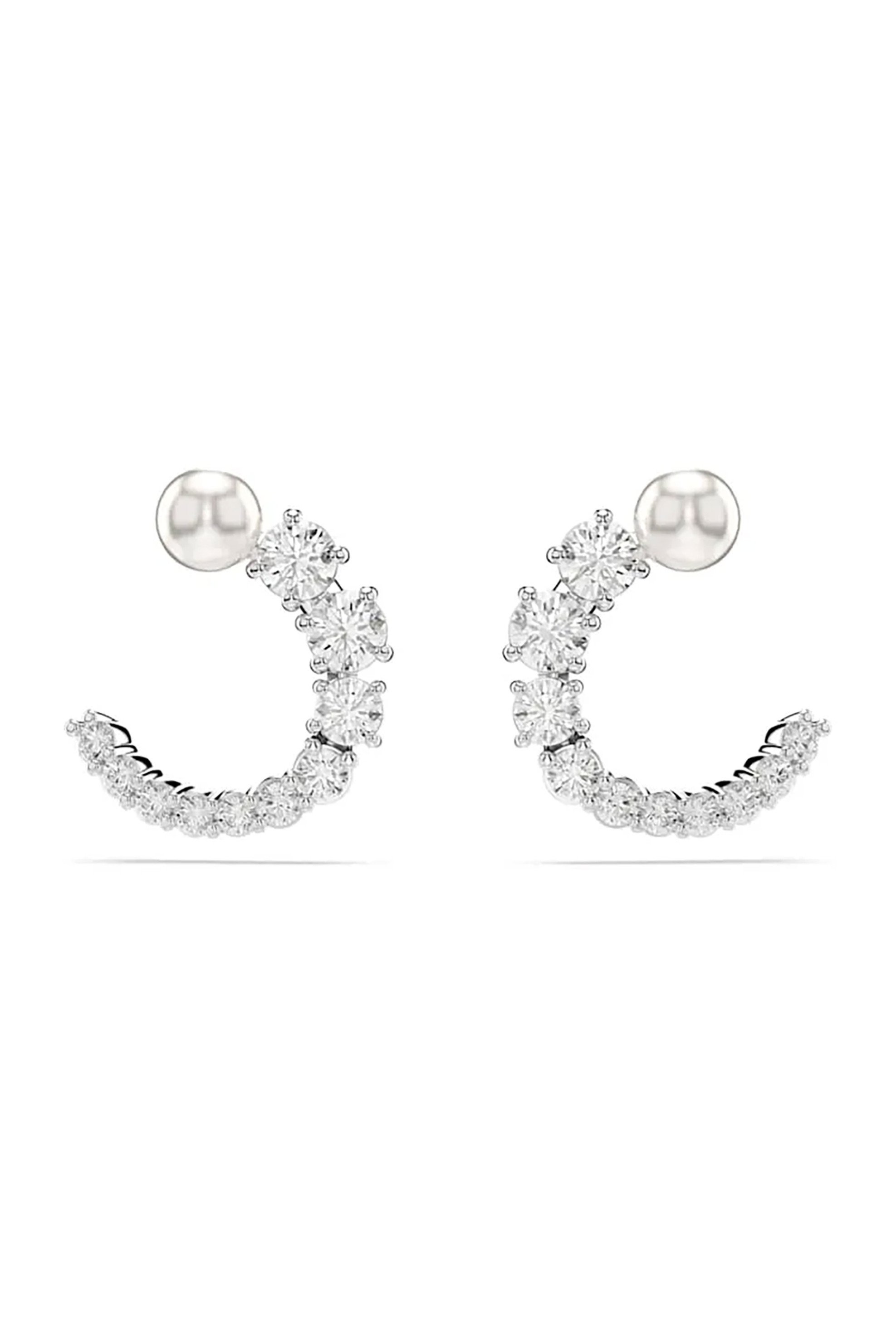 Swarovski γυναικείοι κρίκοι, crystal pearl, στρογγυλή κοπή, λευκά, επιμετάλλωση ροδίου "Matrix" - 5692260