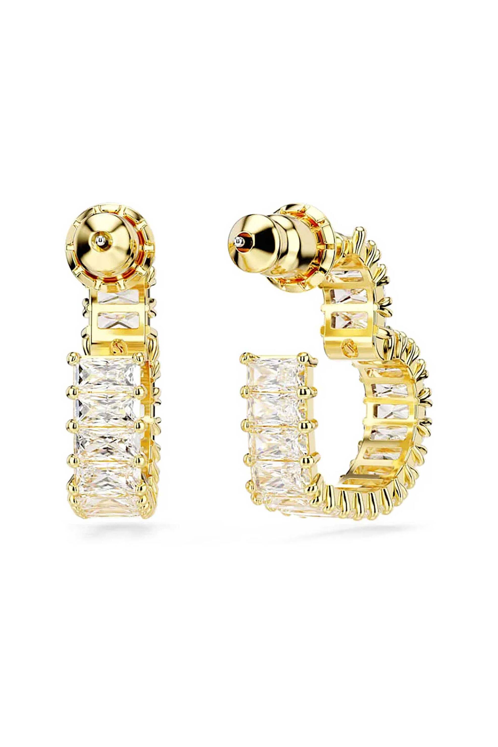 Swarovski γυναικείοι κρίκοι, κοπή baguette, καρδιά, μικρά, λευκά, επιμετάλλωση σε χρυσαφί τόνο 