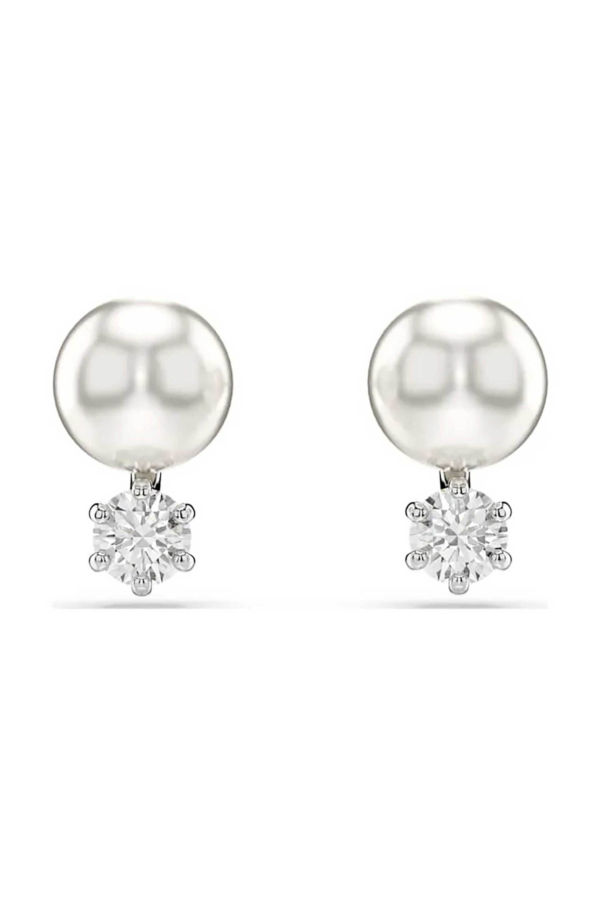 Swarovski γυναικεία σκουλαρίκια με καραφάκι crystal pearl, στρογγυλή κοπή, λευκά, επιμετάλλωση ροδίου "Matrix" - 5694225