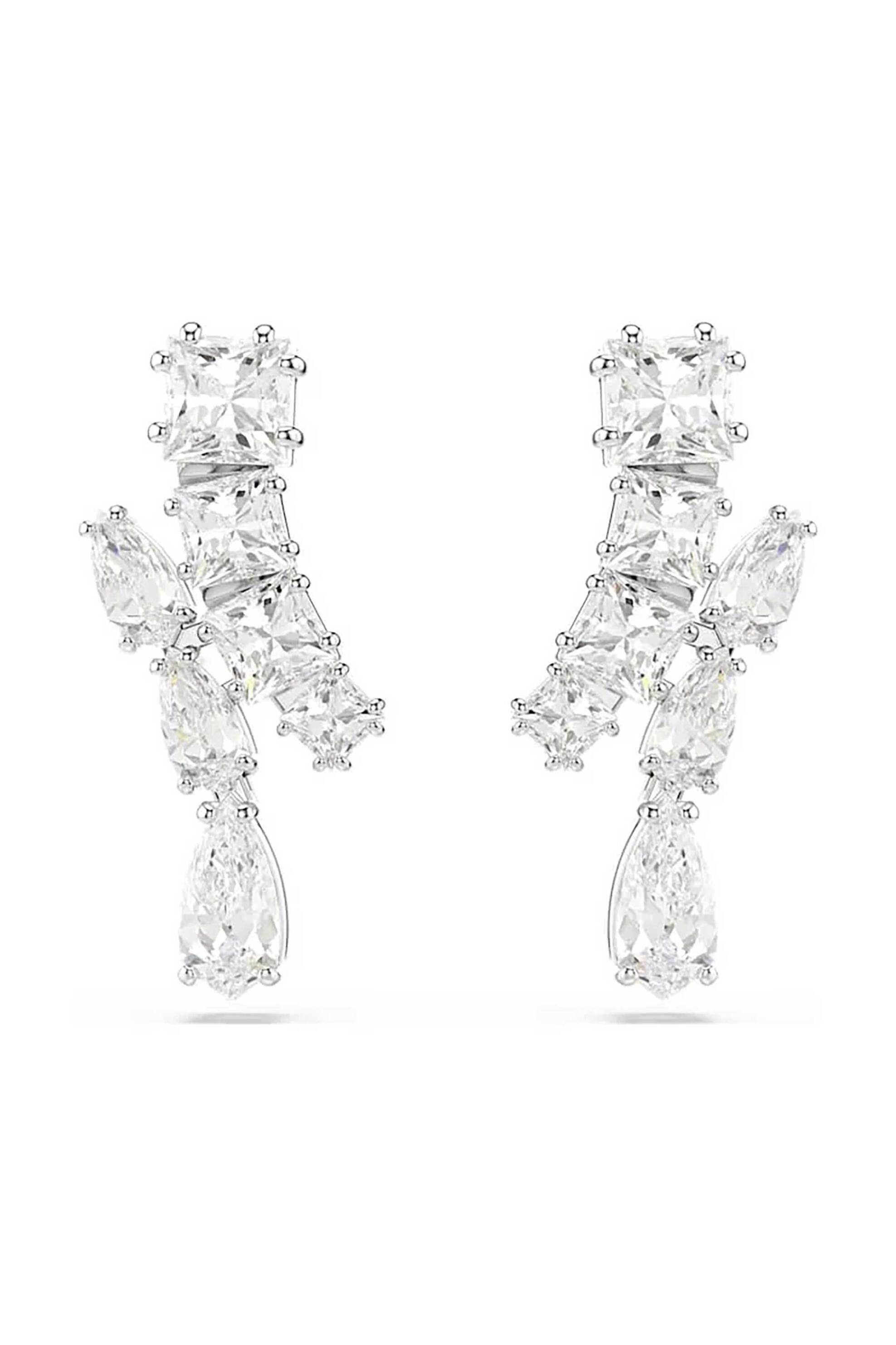 Swarovski γυναικεία σκουλαρίκια σταγόνα, μείξη κοπών, λευκά, επιμετάλλωση ροδίου "Matrix" - 5700418