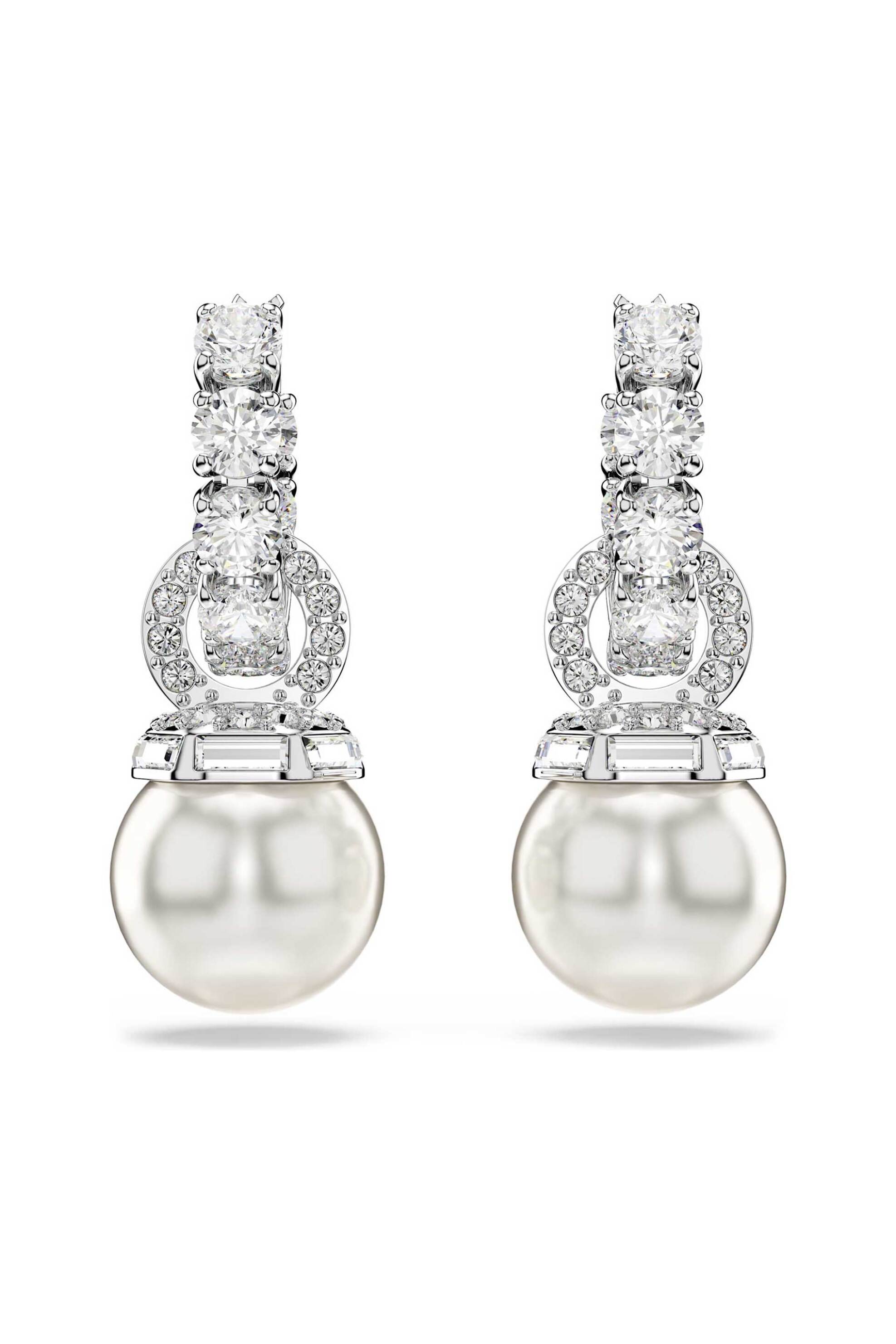 Swarovski γυναικεία σκουλαρίκια-σταγόνα crystal pearl, στρογγυλή κοπή, λευκά, επιμετάλλωση ροδίου "Matrix" - 5691716