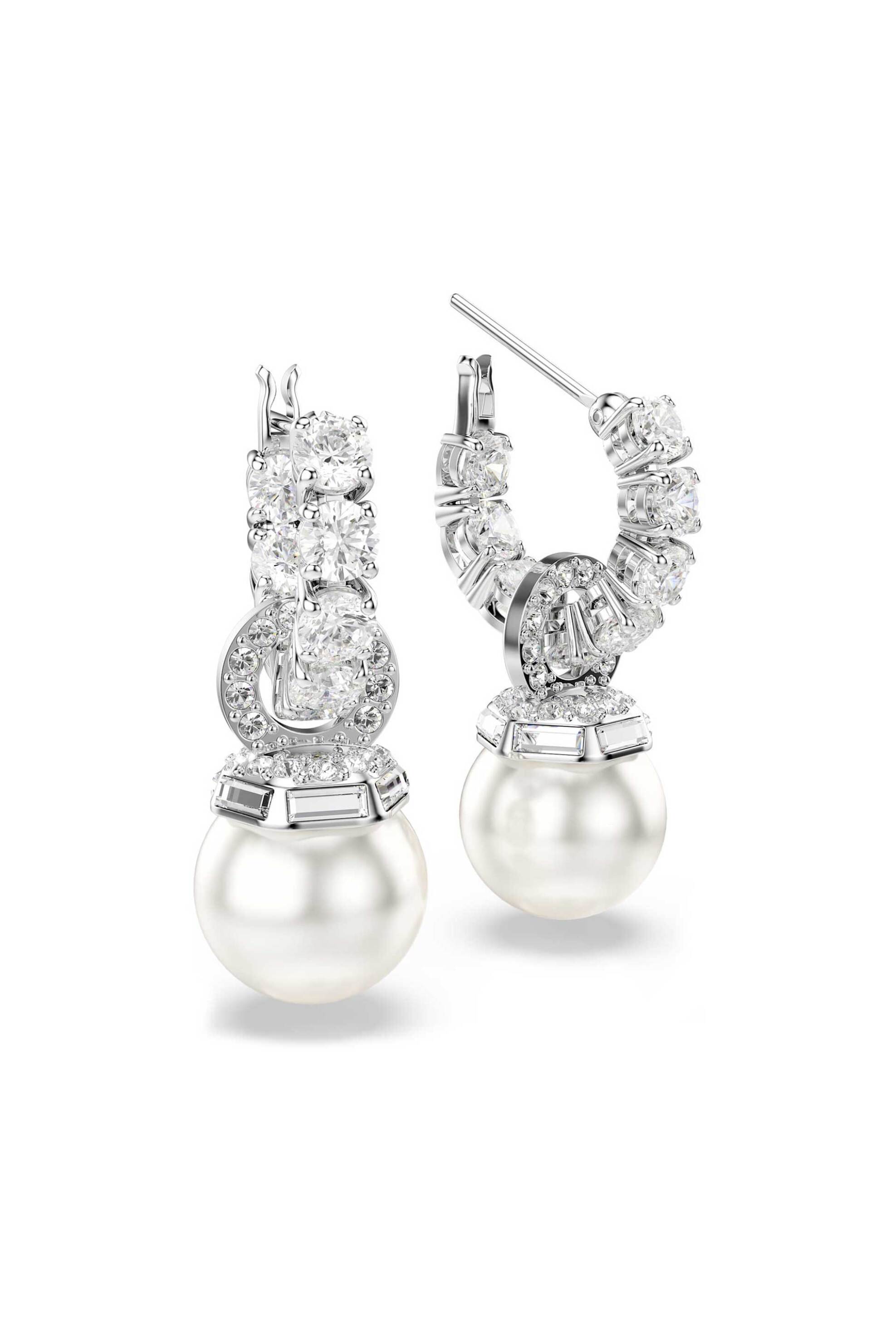 Swarovski γυναικεία σκουλαρίκια-σταγόνα crystal pearl, στρογγυλή κοπή, λευκά, επιμετάλλωση ροδίου 