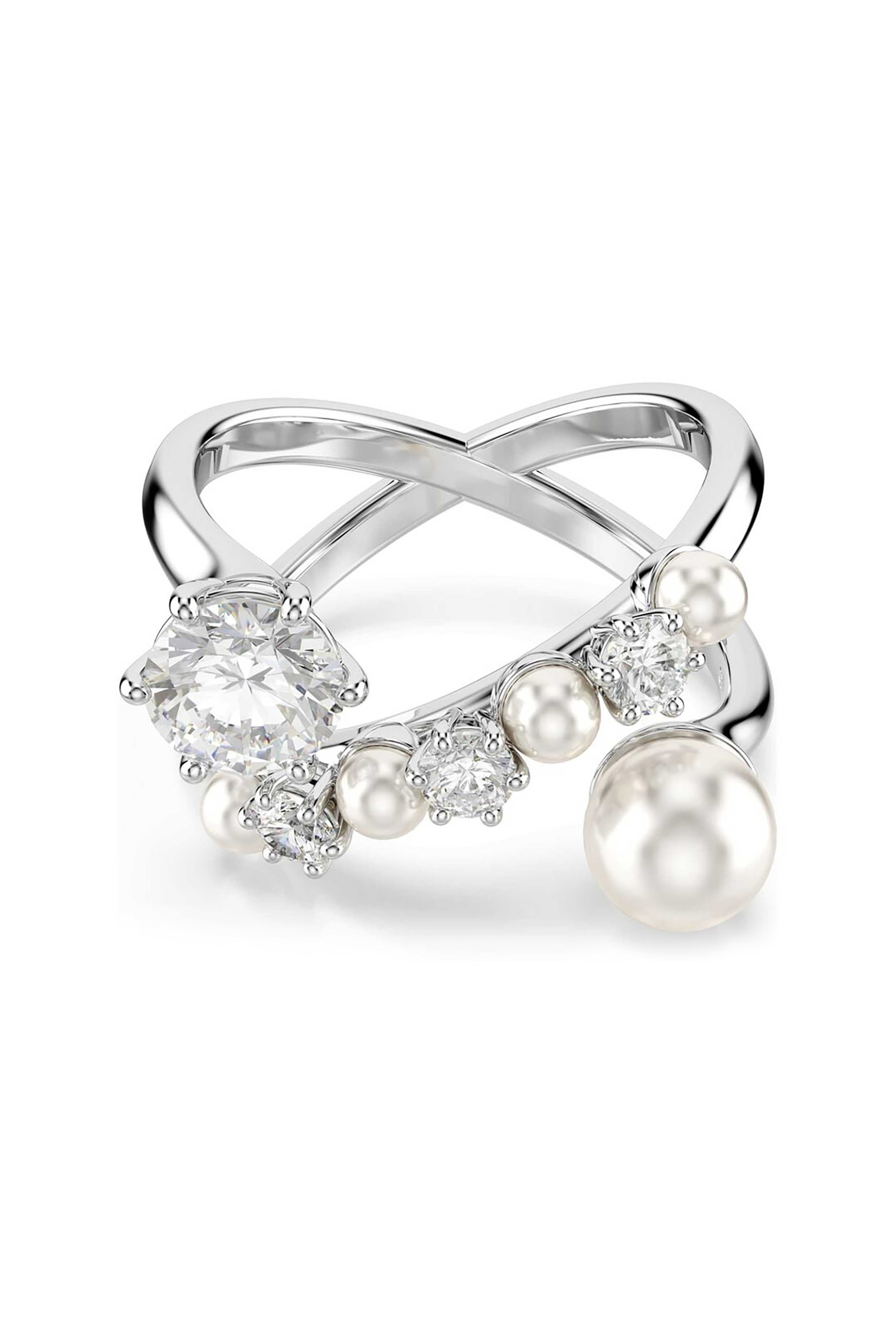 SWAROVSKI Swarovski γυναικείο δαχτυλίδι κοκτέιλ crystal pearl, στρογγυλή κοπή, λευκό, επιμετάλλωση ροδίου "Matrix" (55) - 5705612 - 2