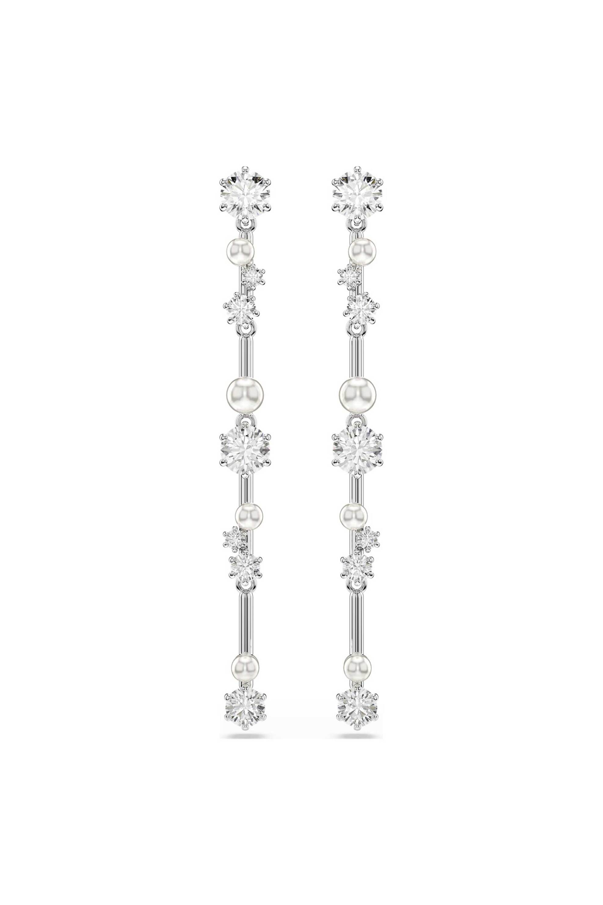 Swarovski γυναικεία σκουλαρίκια-σταγόνα crystal pearl, στρογγυλές κοπές, λευκά, επιμετάλλωση ροδίου "Constella" - 5705614