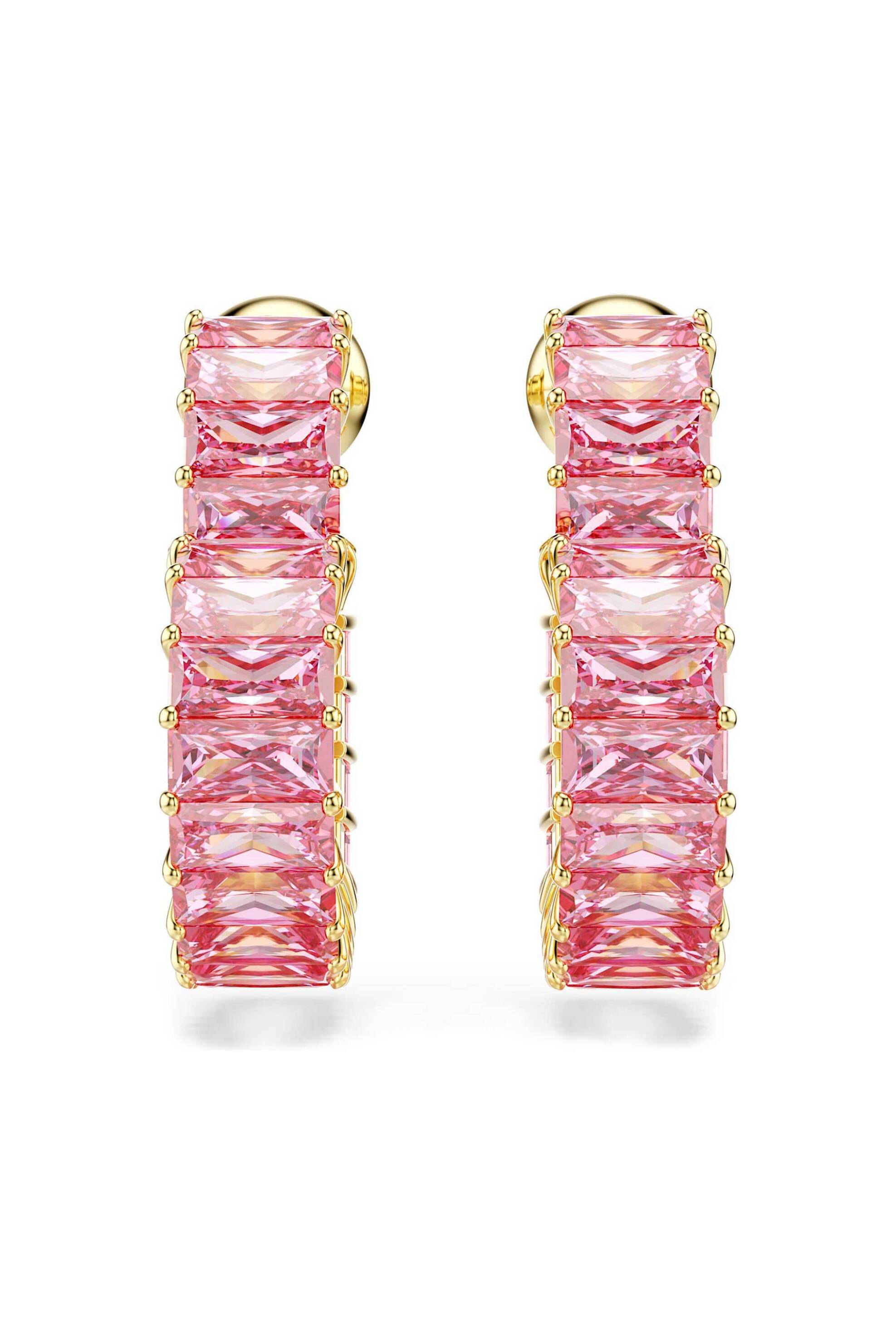 Swarovski γυναικείοι κρίκοι κοπή baguette, καρδιά, μικρά, ροζ, επιμετάλλωση σε χρυσαφί τόνο "Matrix" - 5706340