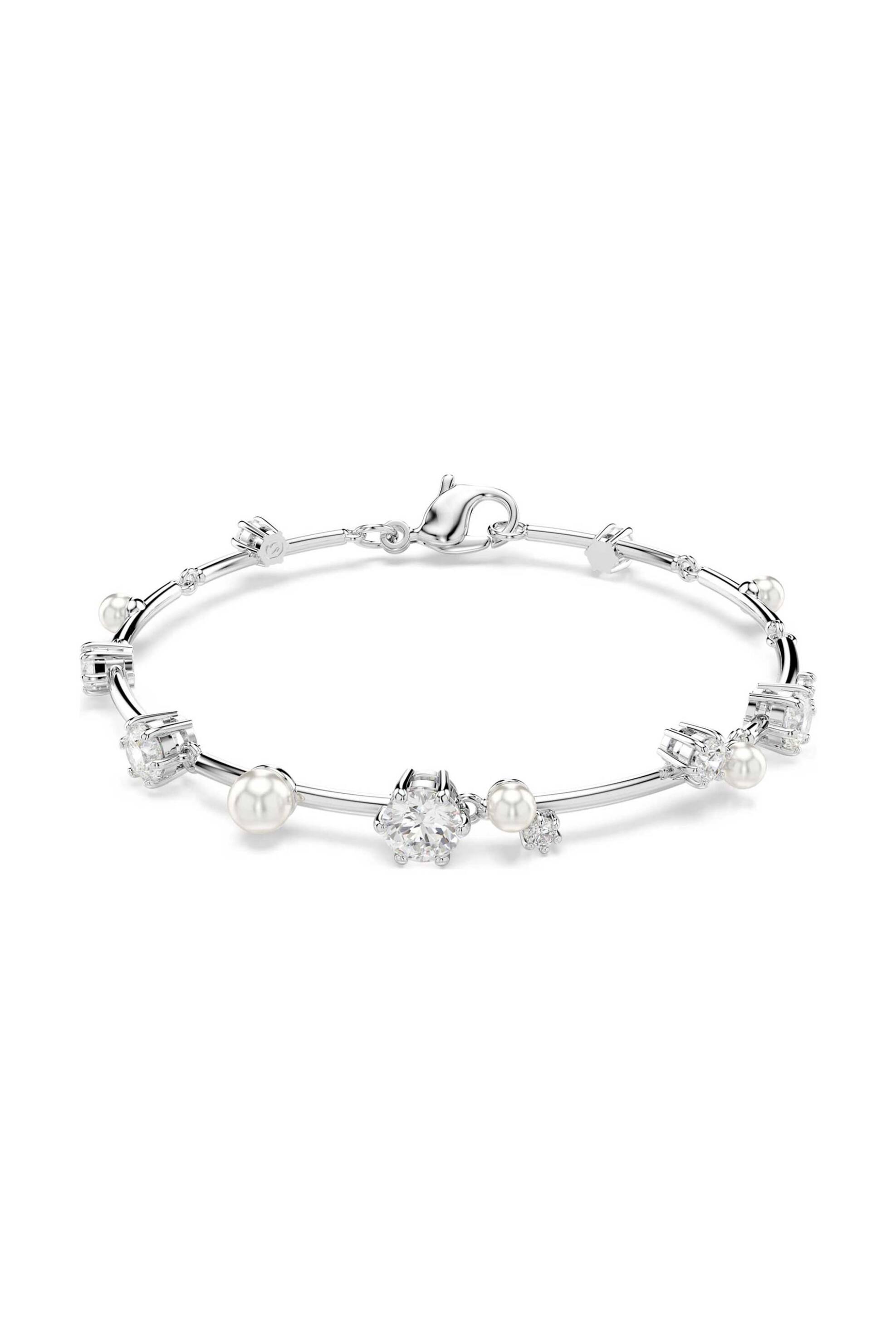 Swarovski γυναικείο βραχιόλι crystal pearl, στρογγυλές κοπές, λευκό, επιμετάλλωση ροδίου "Constella" - 5707511