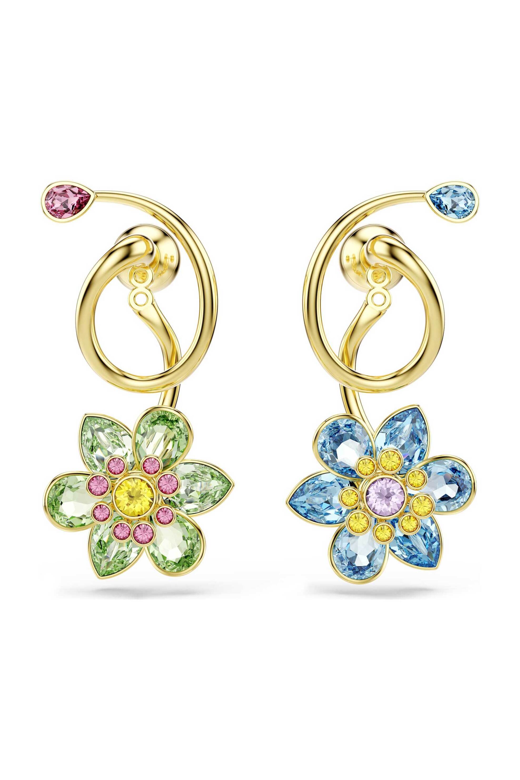 Swarovski γυναικεία σκουλαρίκια-σταγόνα μίξη κοπών, λουλούδι, πολύχρωμα, επιμετάλλωση σε χρυσαφί τόνο "Idyllia" - 5709025