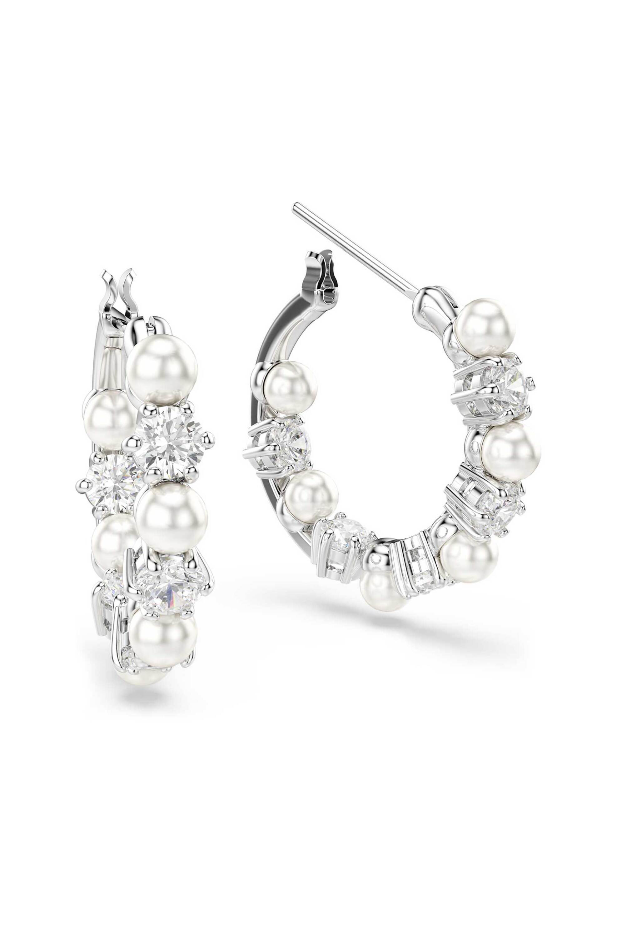 Swarovski γυναικείοι κρίκοι crystal pearl, στρογγυλή κοπή, λευκά, επιμετάλλωση ροδίου 