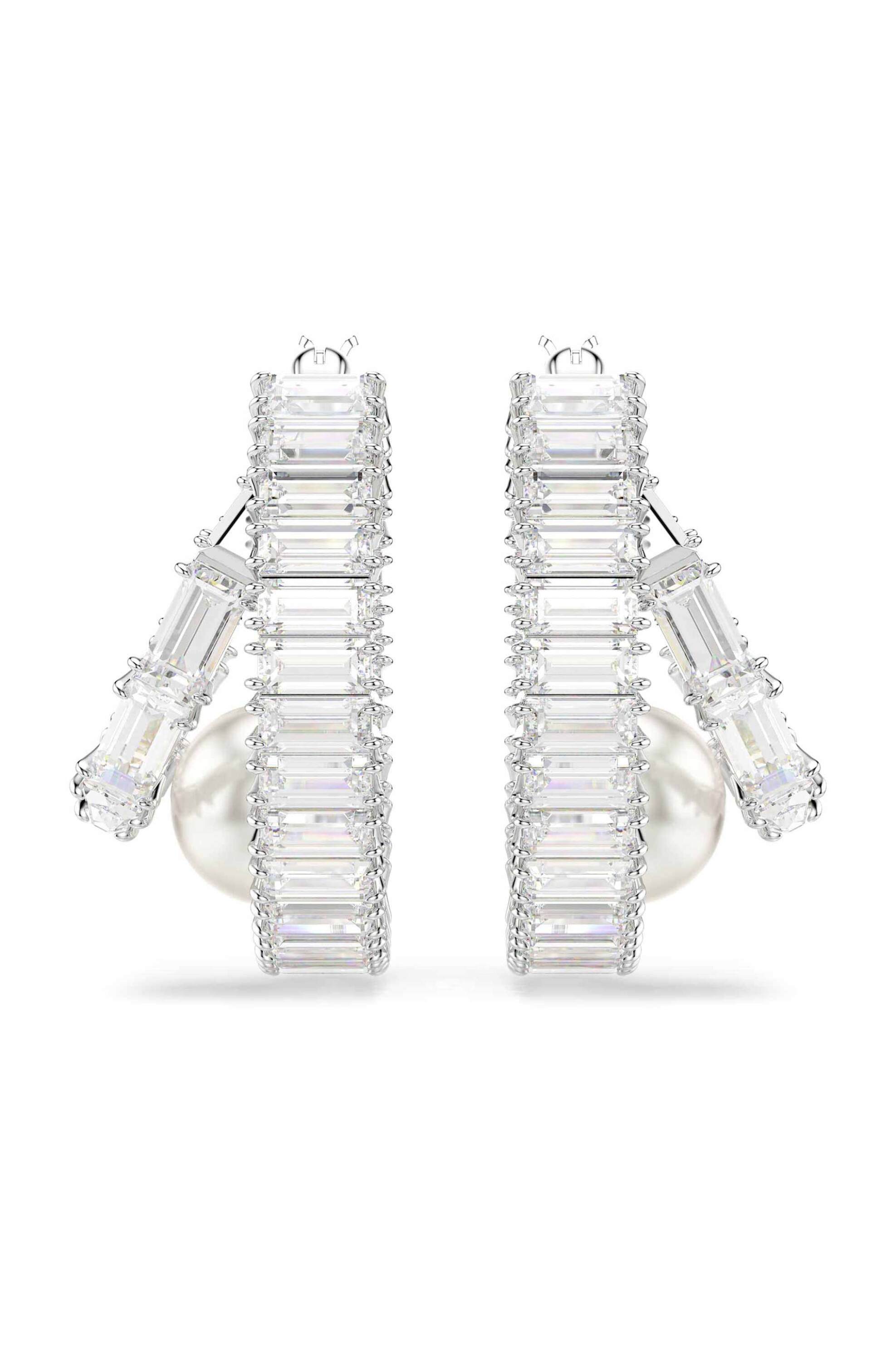 Swarovski γυναικείοι κρίκοι crystal pearl, κοπή baguette, λευκά, επιμετάλλωση ροδίου "Ariana Grande x Swarovski" - 5720868