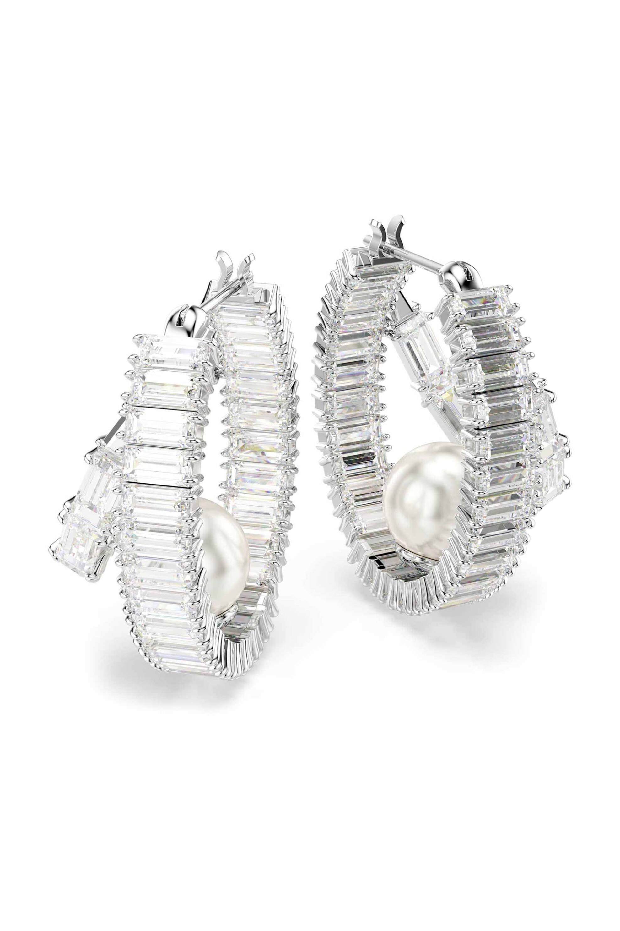 Swarovski γυναικείοι κρίκοι crystal pearl, κοπή baguette, λευκά, επιμετάλλωση ροδίου 