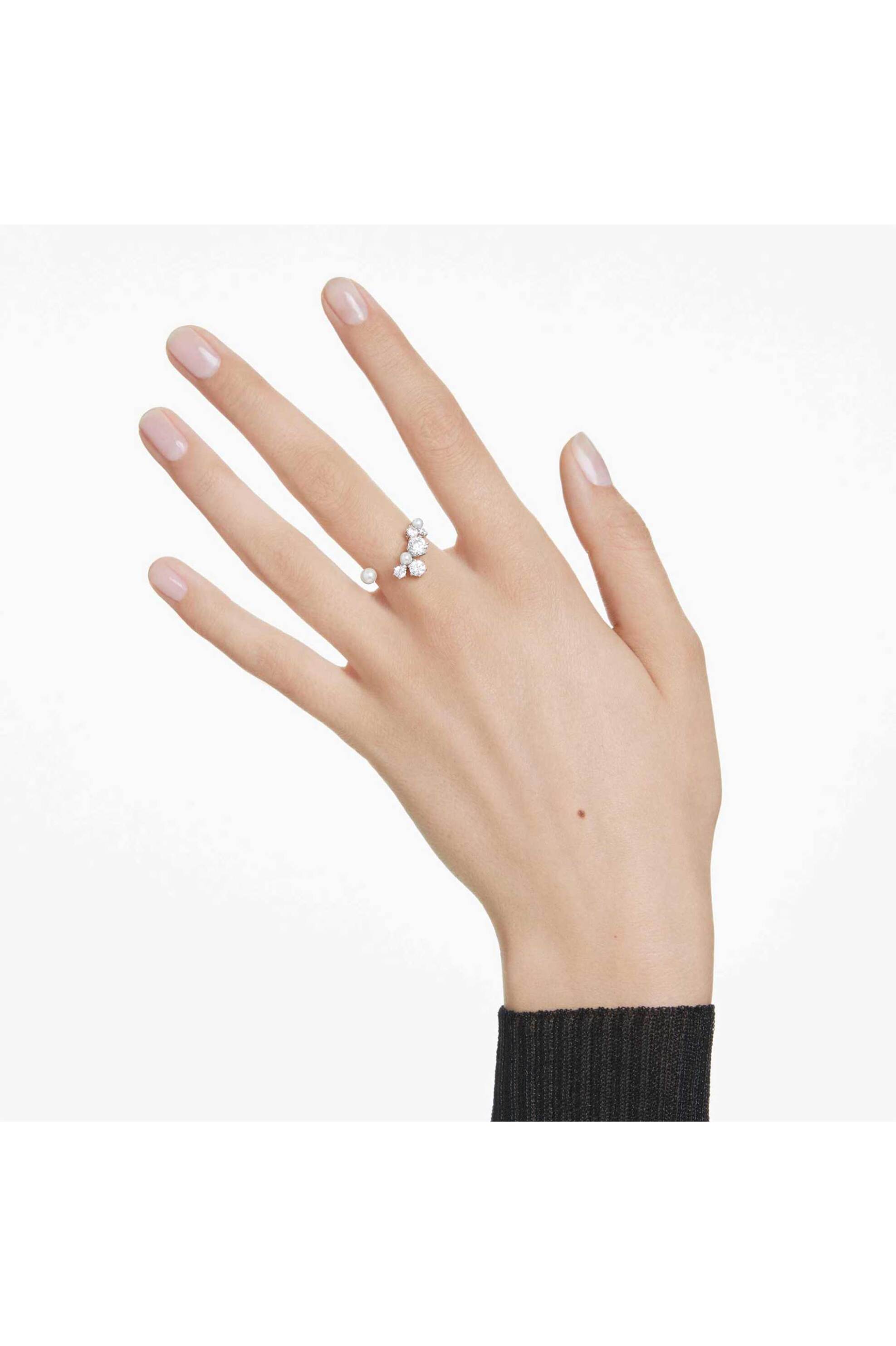 Swarovski γυναικείο ανοιχτό δαχτυλίδι crystal pearl, στρογγυλές κοπές, λευκό, επιμετάλλωση ροδίου "Constella" (55) - 5705599 φωτογραφία