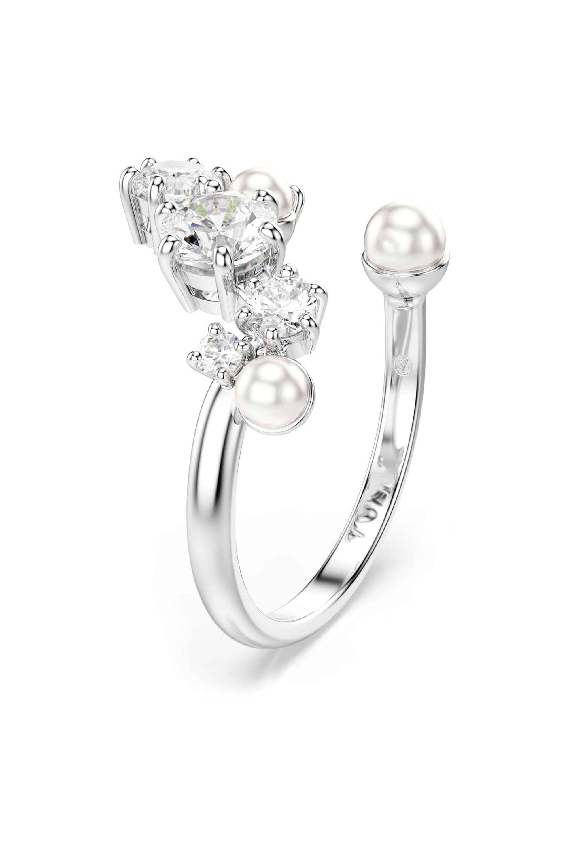Swarovski γυναικείο ανοιχτό δαχτυλίδι crystal pearl, στρογγυλές κοπές, λευκό, επιμετάλλωση ροδίου "Constella" (58) - 5705600