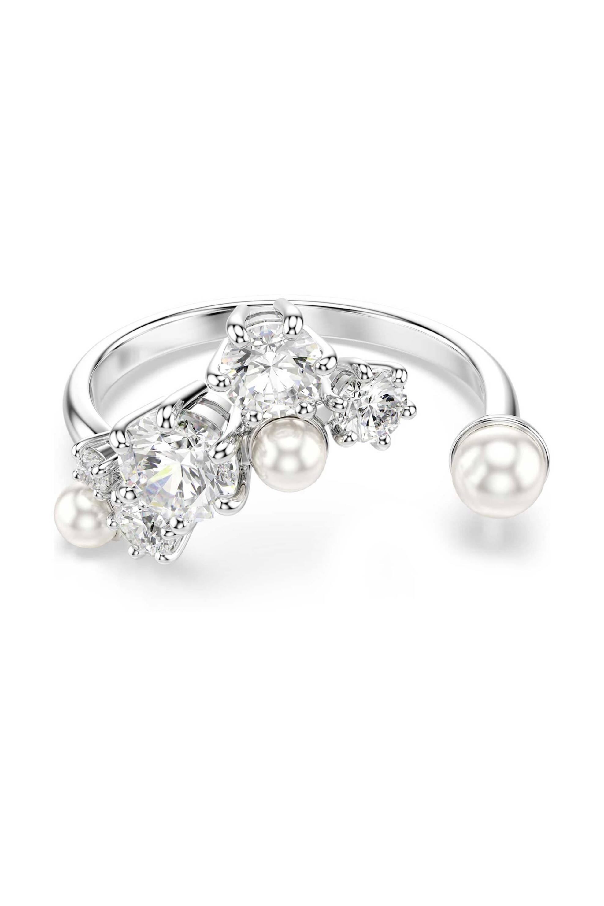 Swarovski γυναικείο ανοιχτό δαχτυλίδι crystal pearl, στρογγυλές κοπές, λευκό, επιμετάλλωση ροδίου 