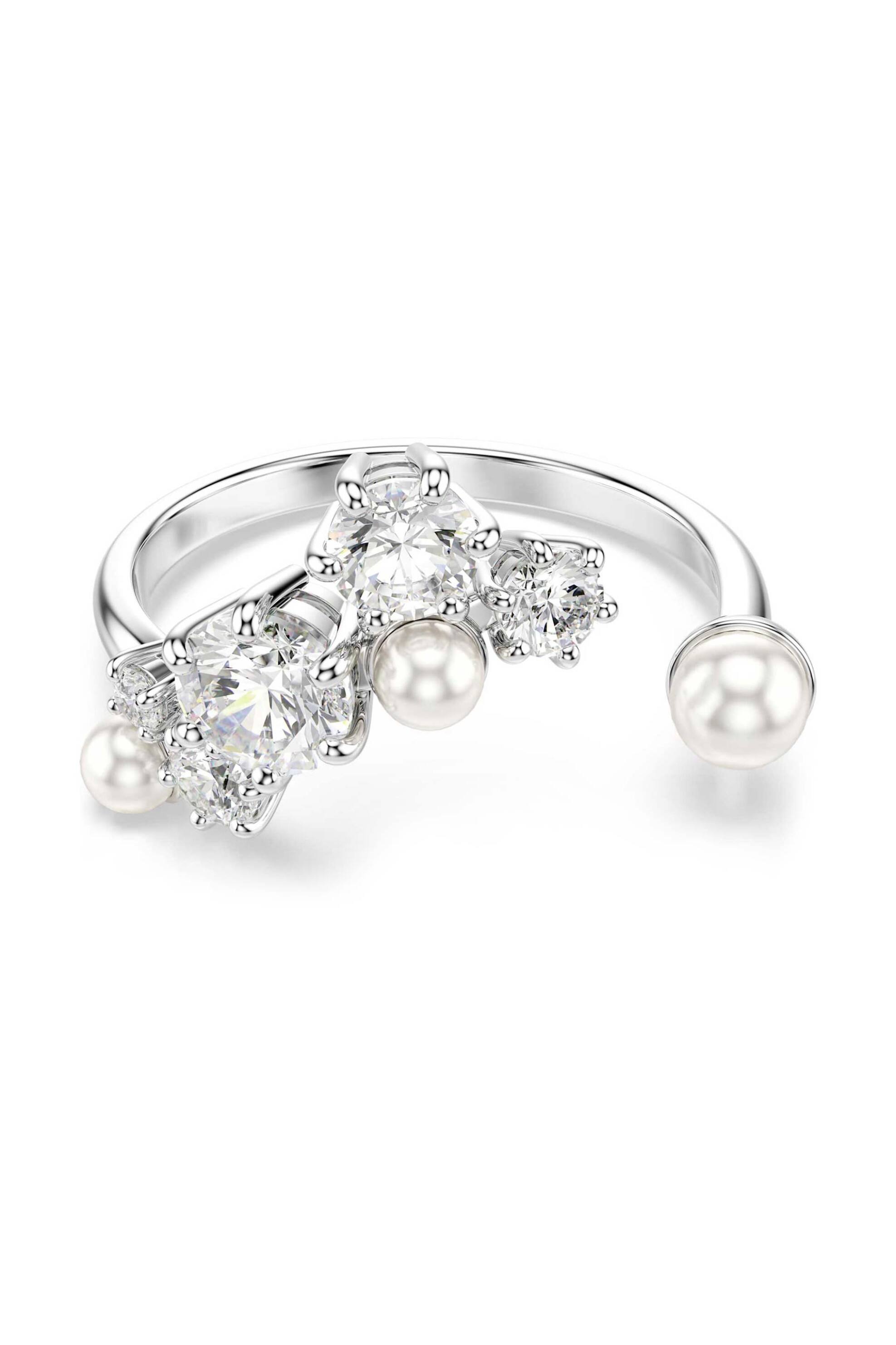 Swarovski γυναικείο ανοιχτό δαχτυλίδι crystal pearl, στρογγυλές κοπές, λευκό, επιμετάλλωση ροδίου 