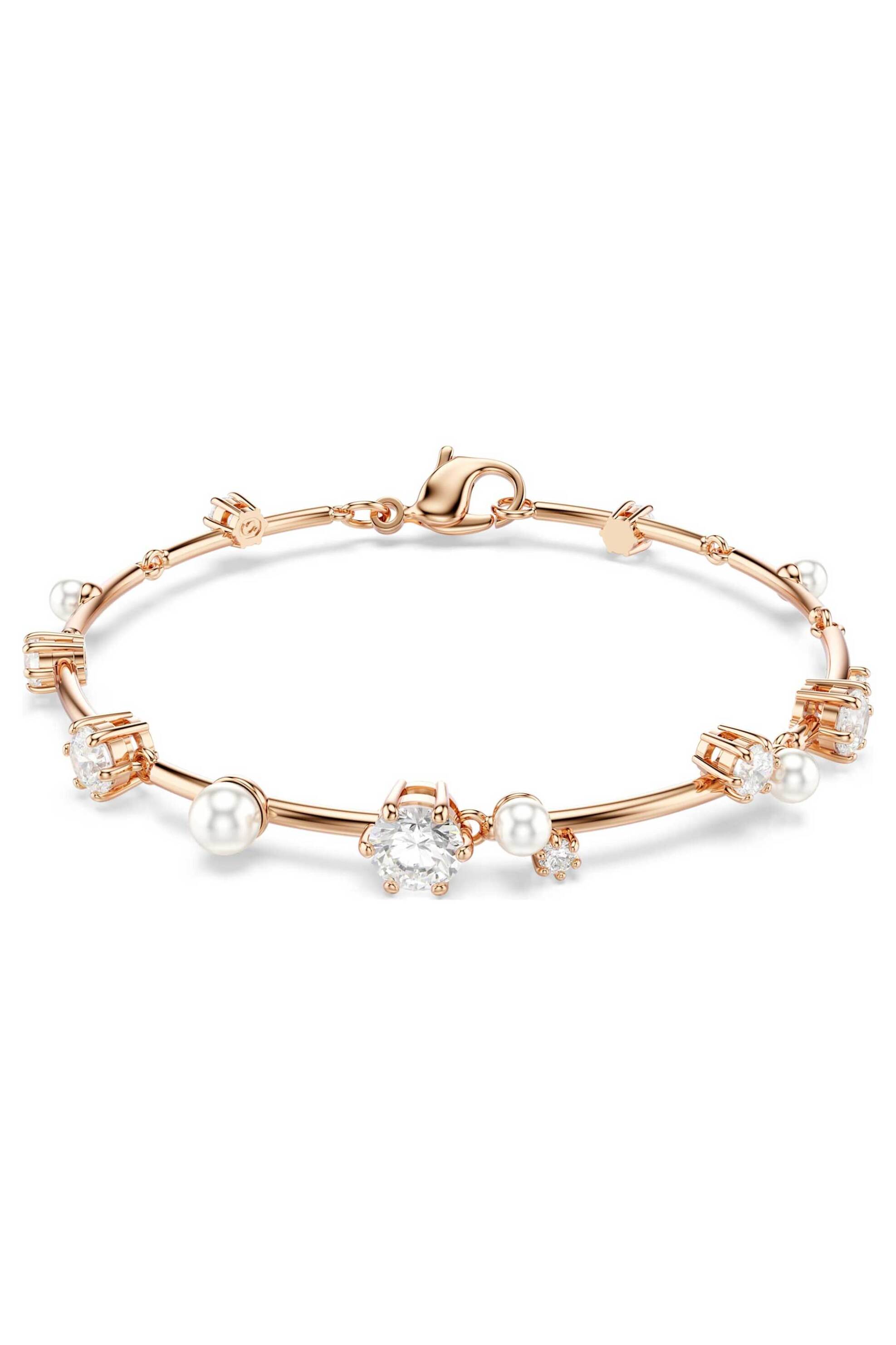 Swarovski γυναικείο βραχιόλι crystal pearl, στρογγυλές κοπές, λευκό, επιμετάλλωση σε ροζ χρυσαφί τόνο "Constella" - 5729505