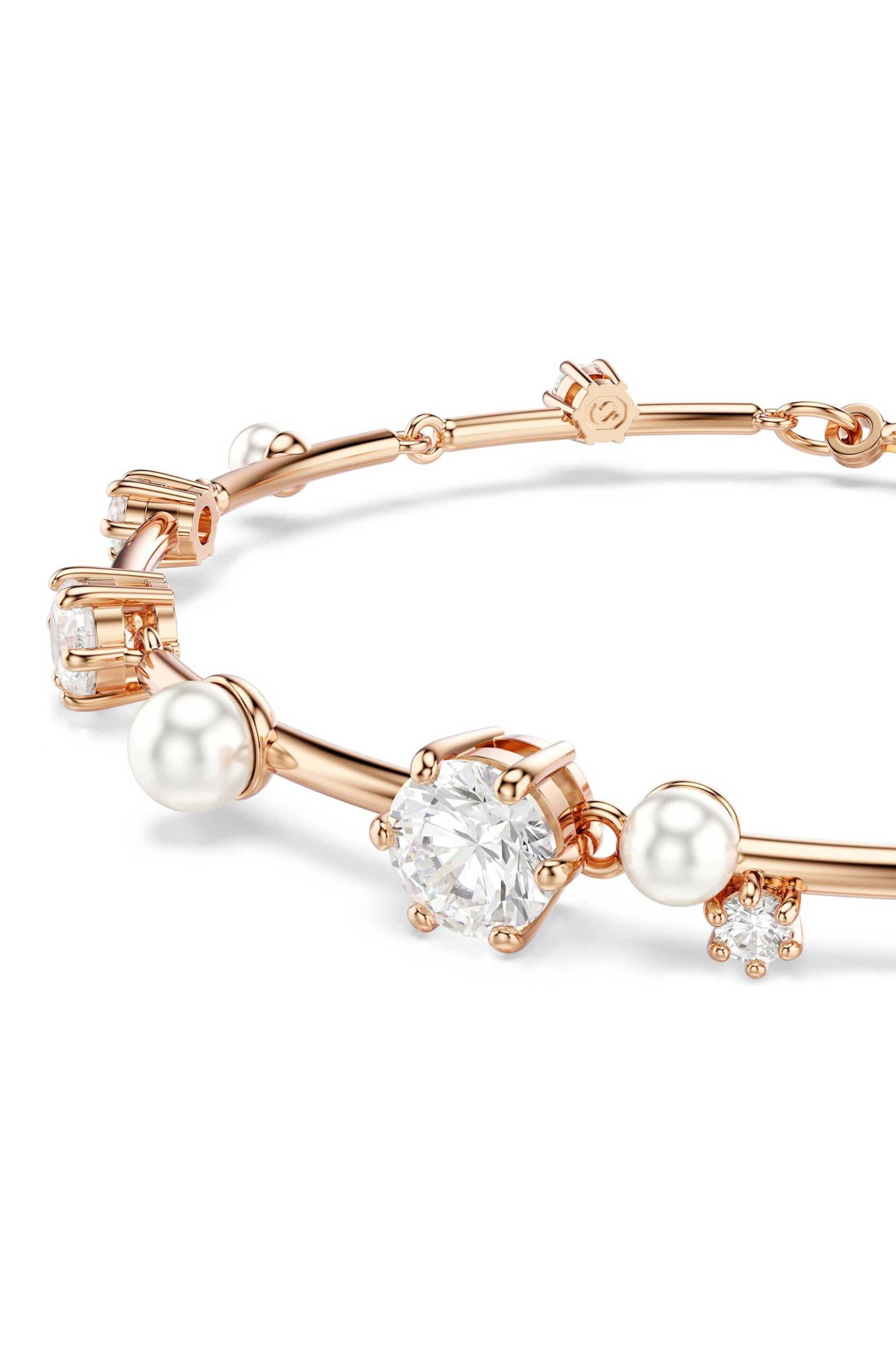 Swarovski γυναικείο βραχιόλι crystal pearl, στρογγυλές κοπές, λευκό, επιμετάλλωση σε ροζ χρυσαφί τόνο 