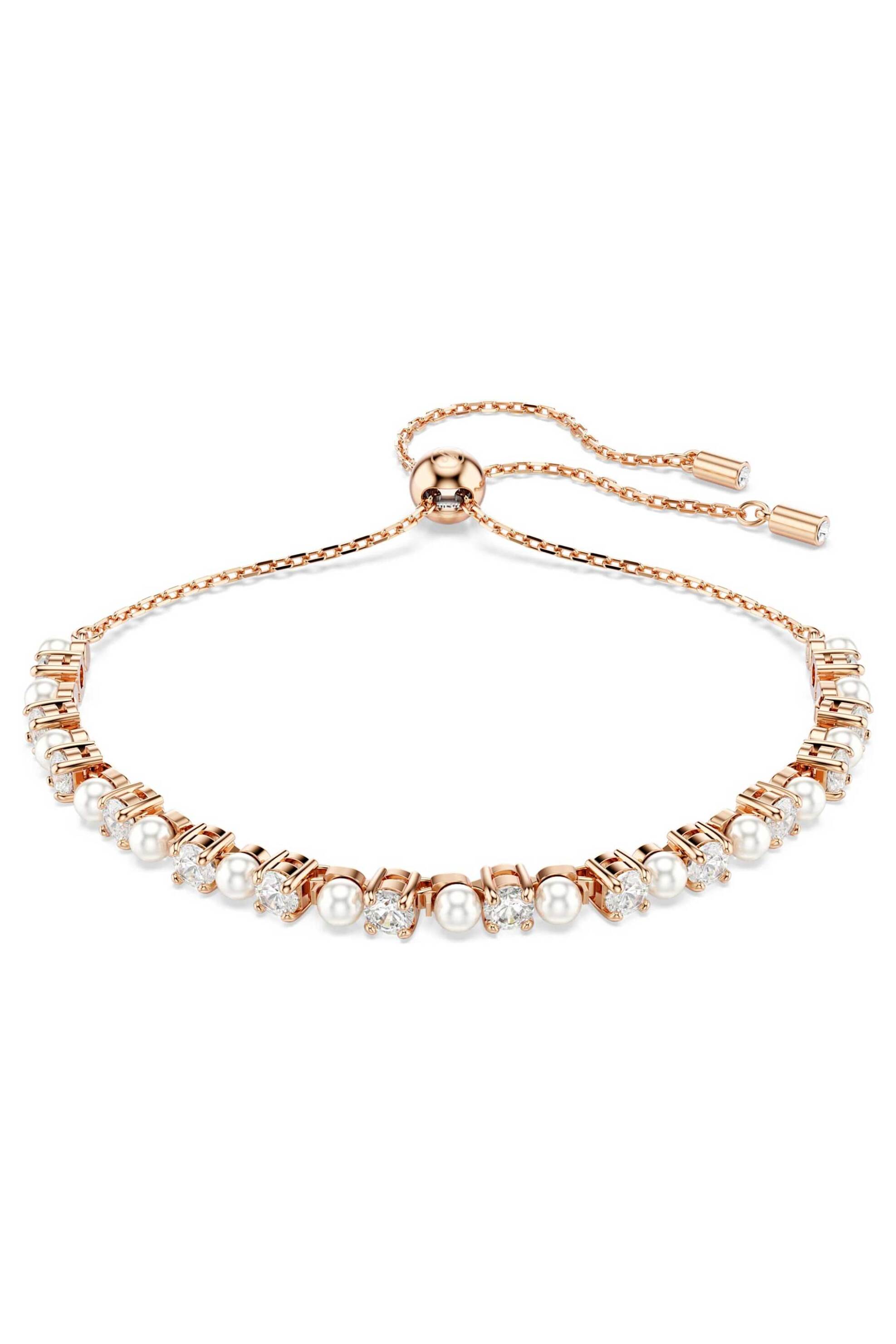 Swarovski γυναικείο βραχιόλι crystal pearl, στρογγυλές κοπές, λευκό, επιμετάλλωση σε ροζ χρυσαφί τόνο "Matrix" - 5729506