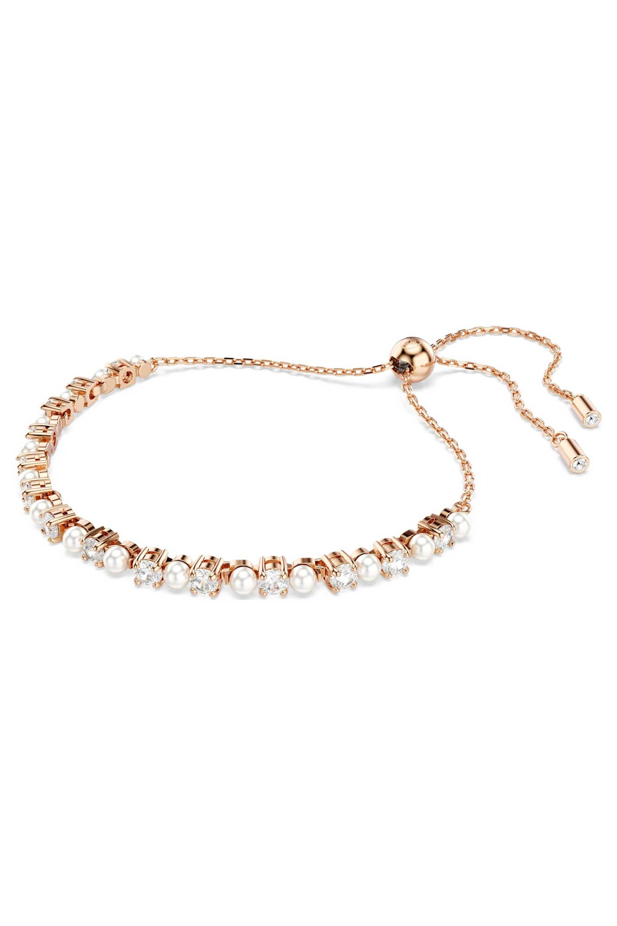 Swarovski γυναικείο βραχιόλι crystal pearl, στρογγυλές κοπές, λευκό, επιμετάλλωση σε ροζ χρυσαφί τόνο 