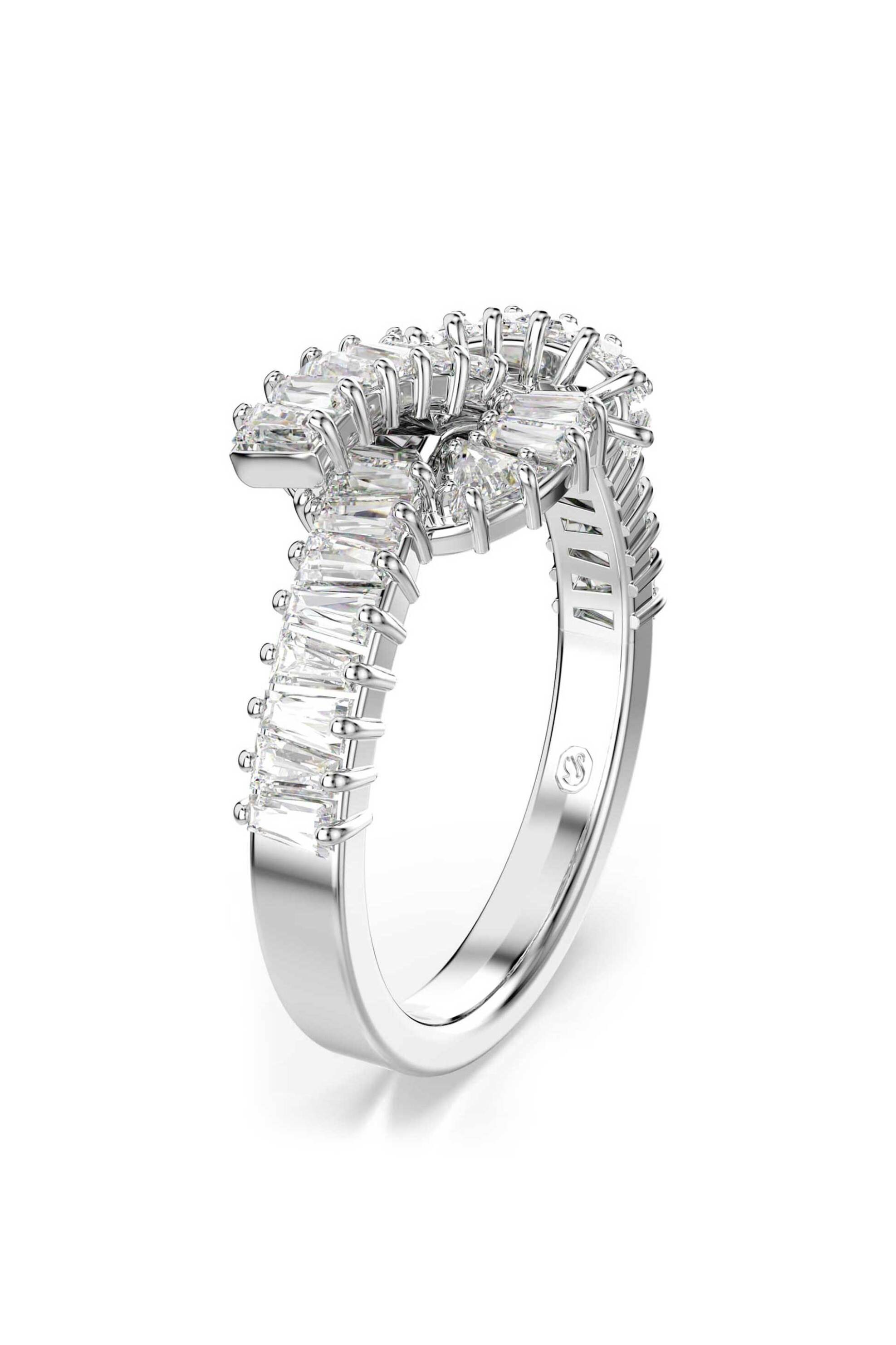 Swarovski γυναικείο δαχτυλίδι κοπή baguette, κόμπος, λευκό, επιμετάλλωση ροδίου "Matrix" (58) - 5727112