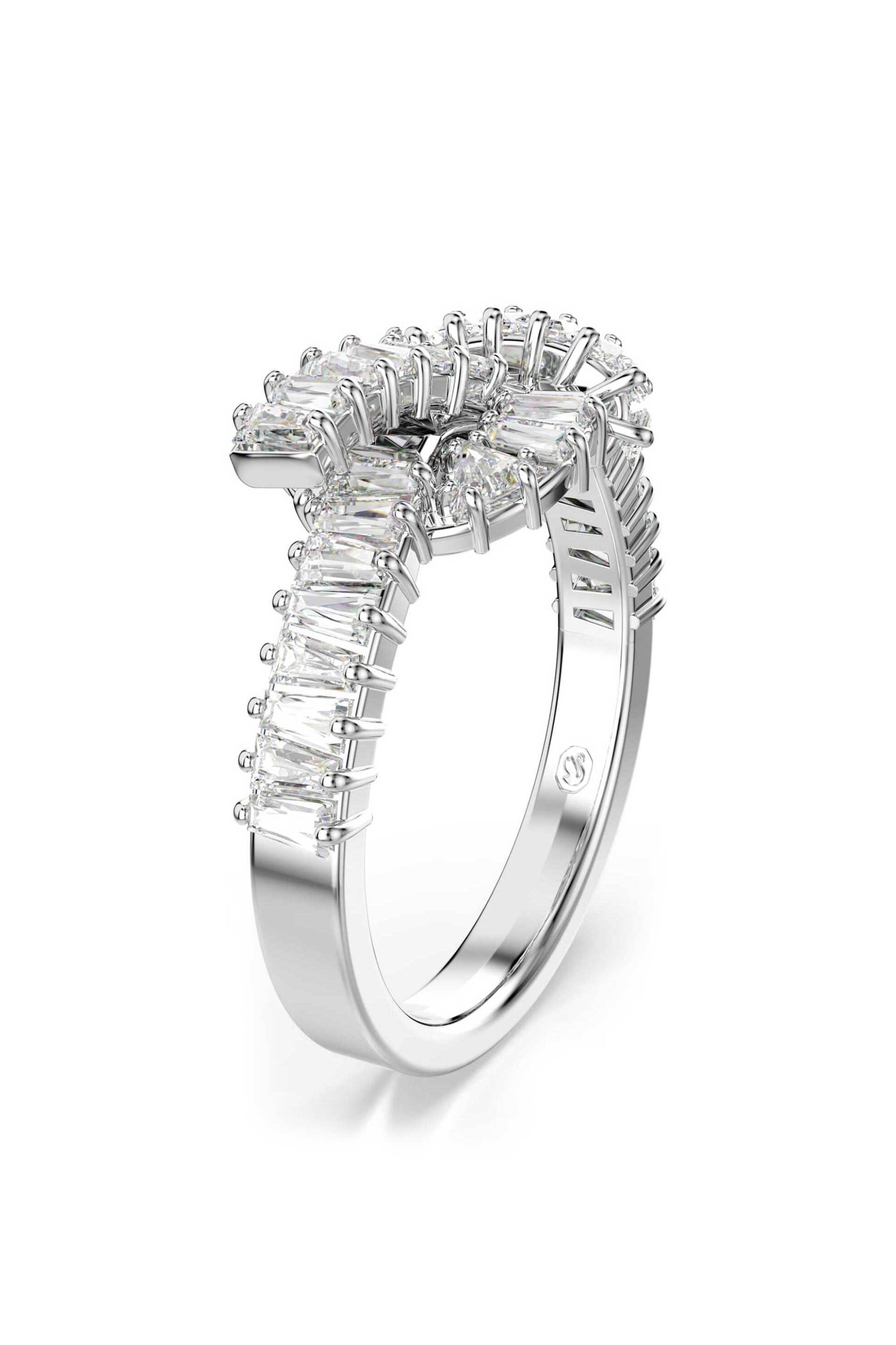 Swarovski γυναικείο δαχτυλίδι κοπή baguette, κόμπος, λευκό, επιμετάλλωση ροδίου "Matrix" (52) - 5727119