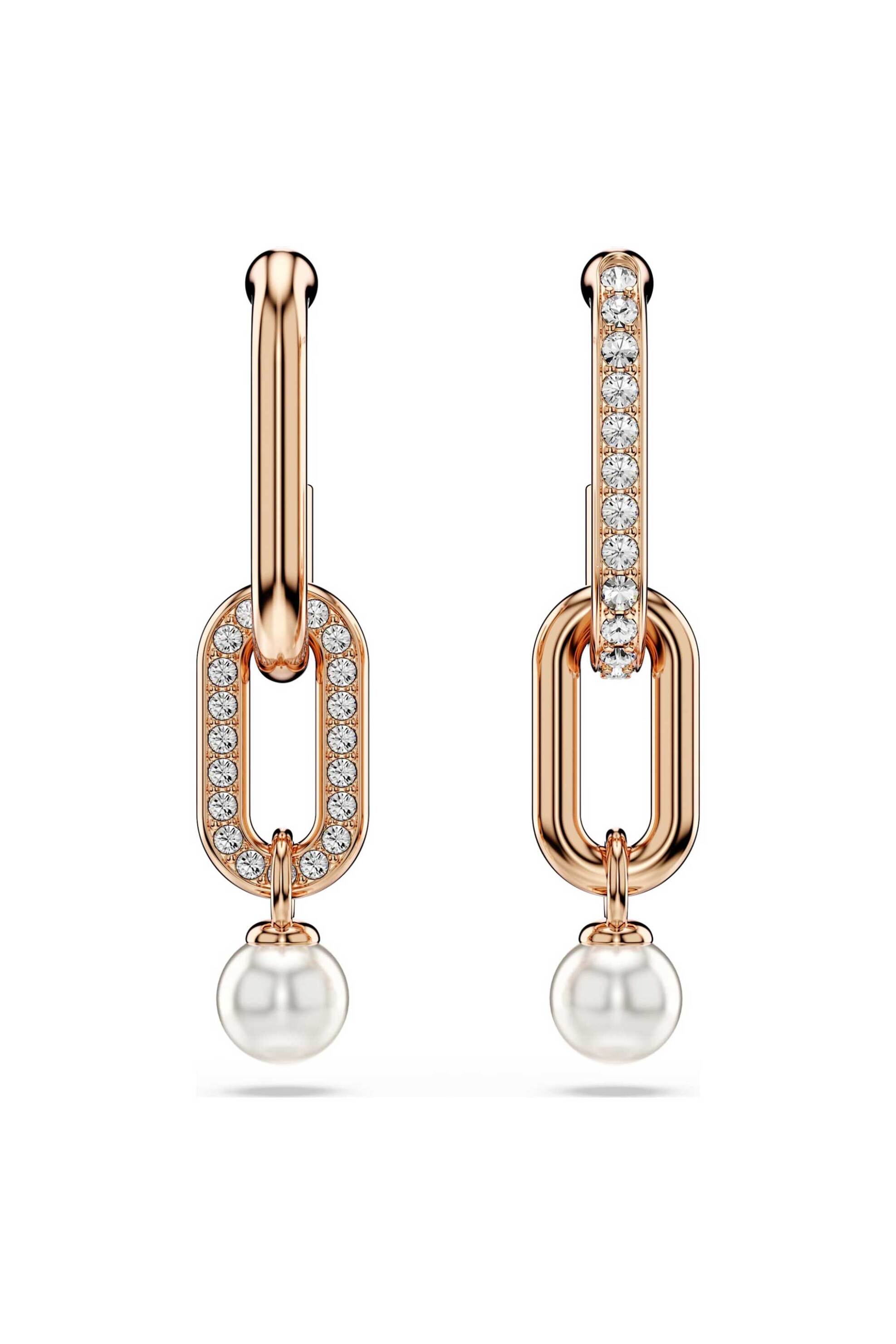 Swarovski γυναικεία σκουλαρίκια-σταγόνα crystal pearl, στρογγυλή κοπή, λευκά, επιμετάλλωση σε ροζ χρυσαφί τόνο "Constella" - 5728585