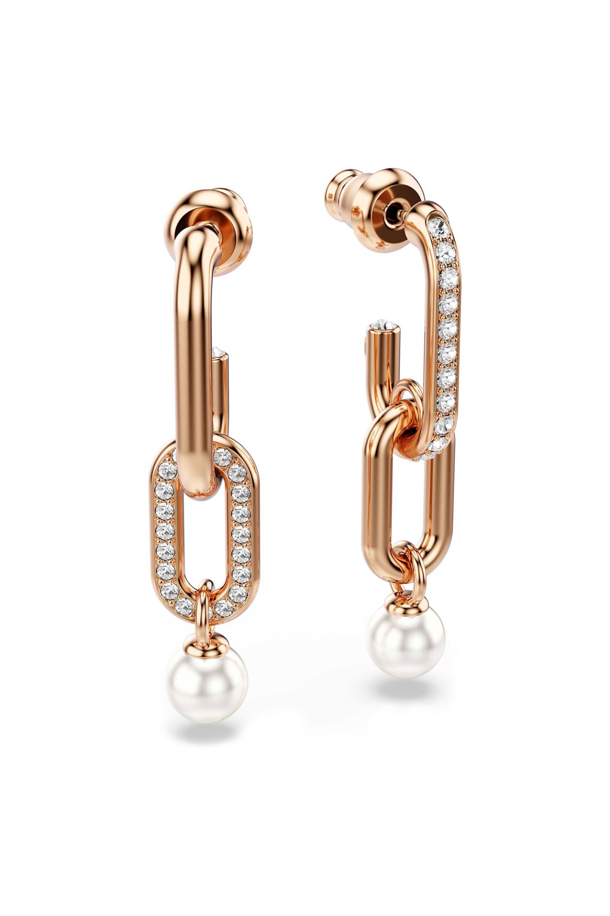 Swarovski γυναικεία σκουλαρίκια-σταγόνα crystal pearl, στρογγυλή κοπή, λευκά, επιμετάλλωση σε ροζ χρυσαφί τόνο 