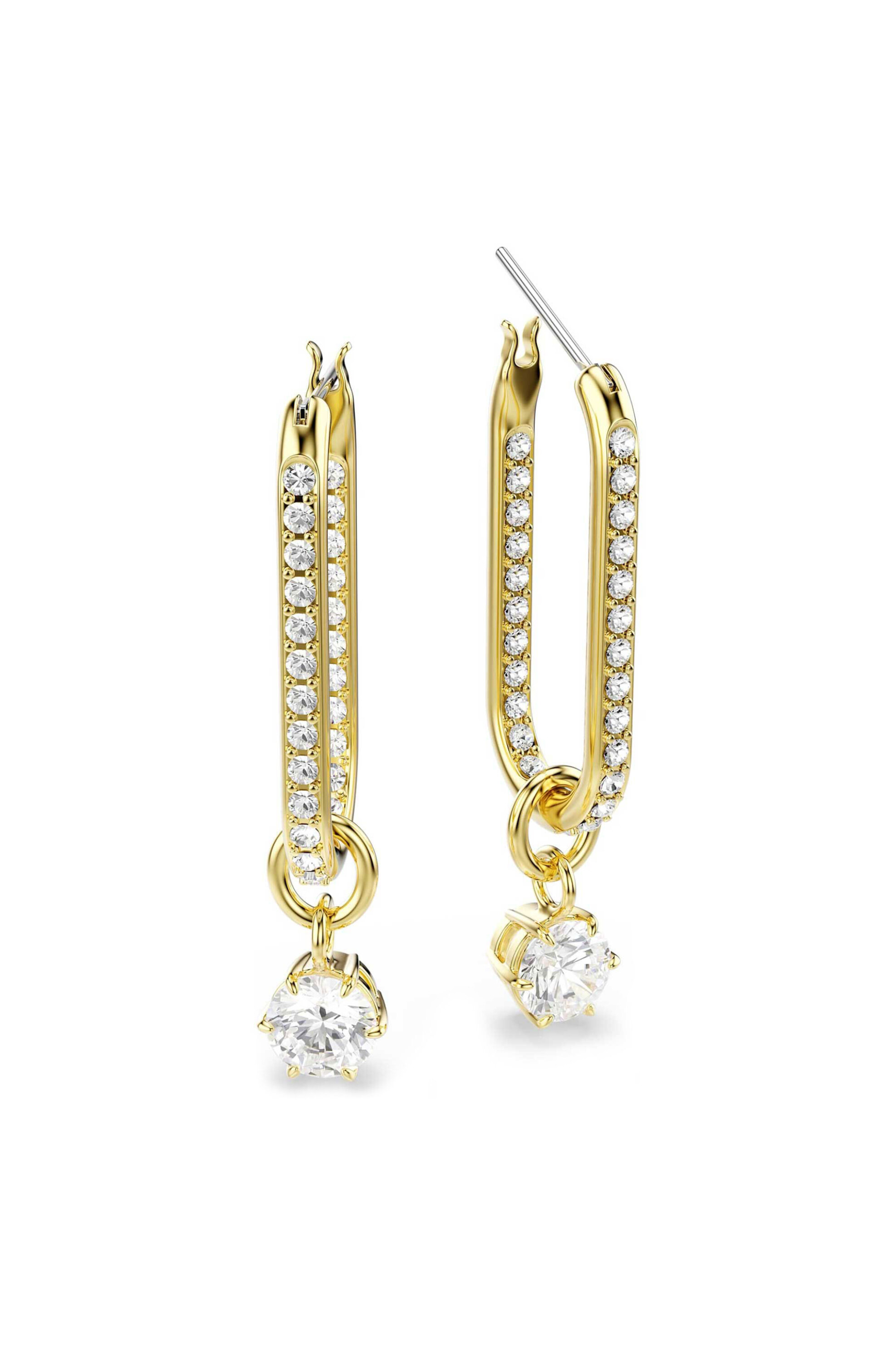 Swarovski γυναικεία σκουλαρίκια-σταγόνα στρογγυλή κοπή, λευκά, επιμετάλλωση σε χρυσαφί τόνο 