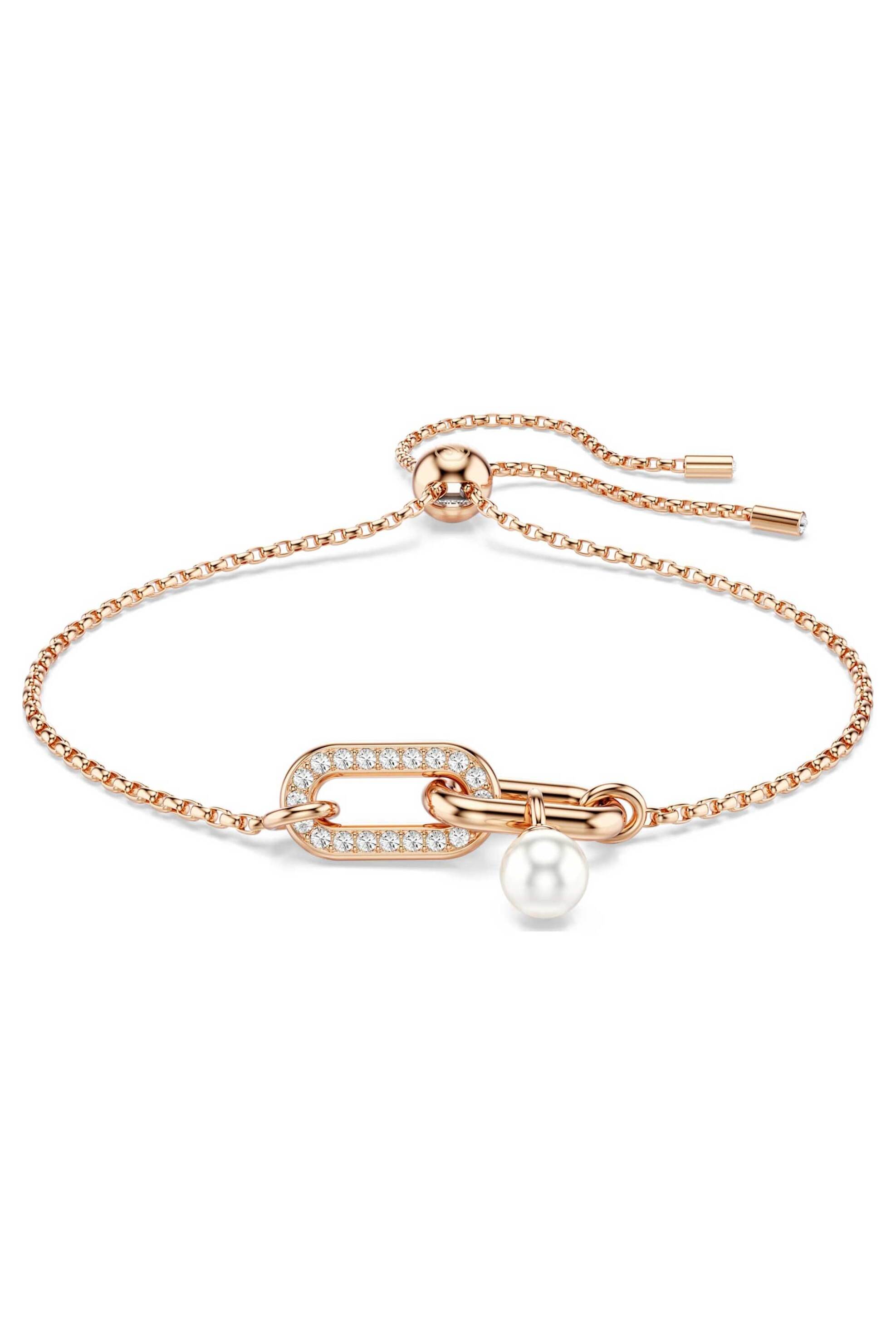 Swarovski γυναικείο βραχιόλι crystal pearl, στρογγυλή κοπή, λευκό, επιμετάλλωση σε ροζ χρυσαφί τόνο "Constella" - 5728588