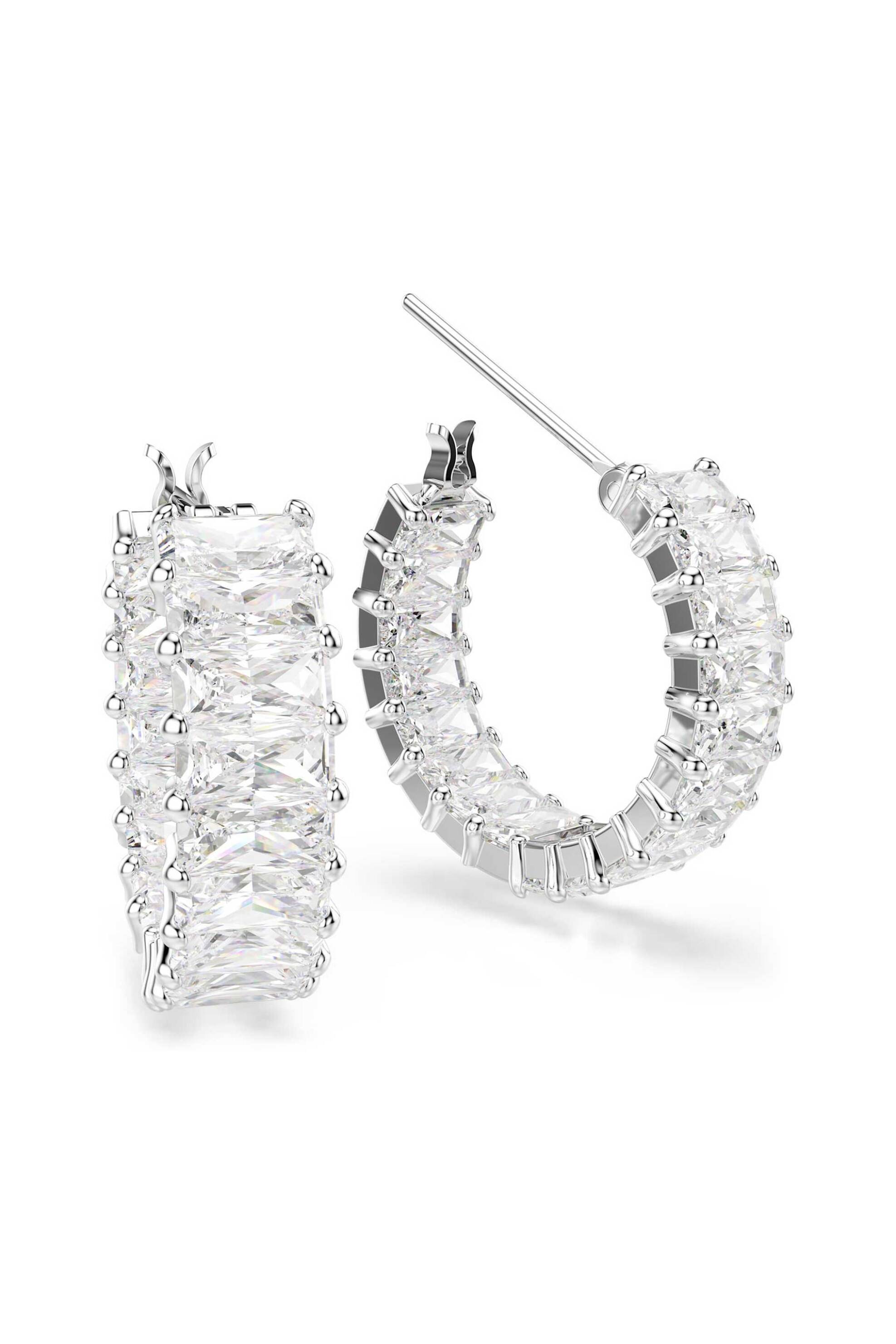 Swarovski γυναικείοι κρίκοι κοπή baguette, λευκά, επιμετάλλωση ροδίου 