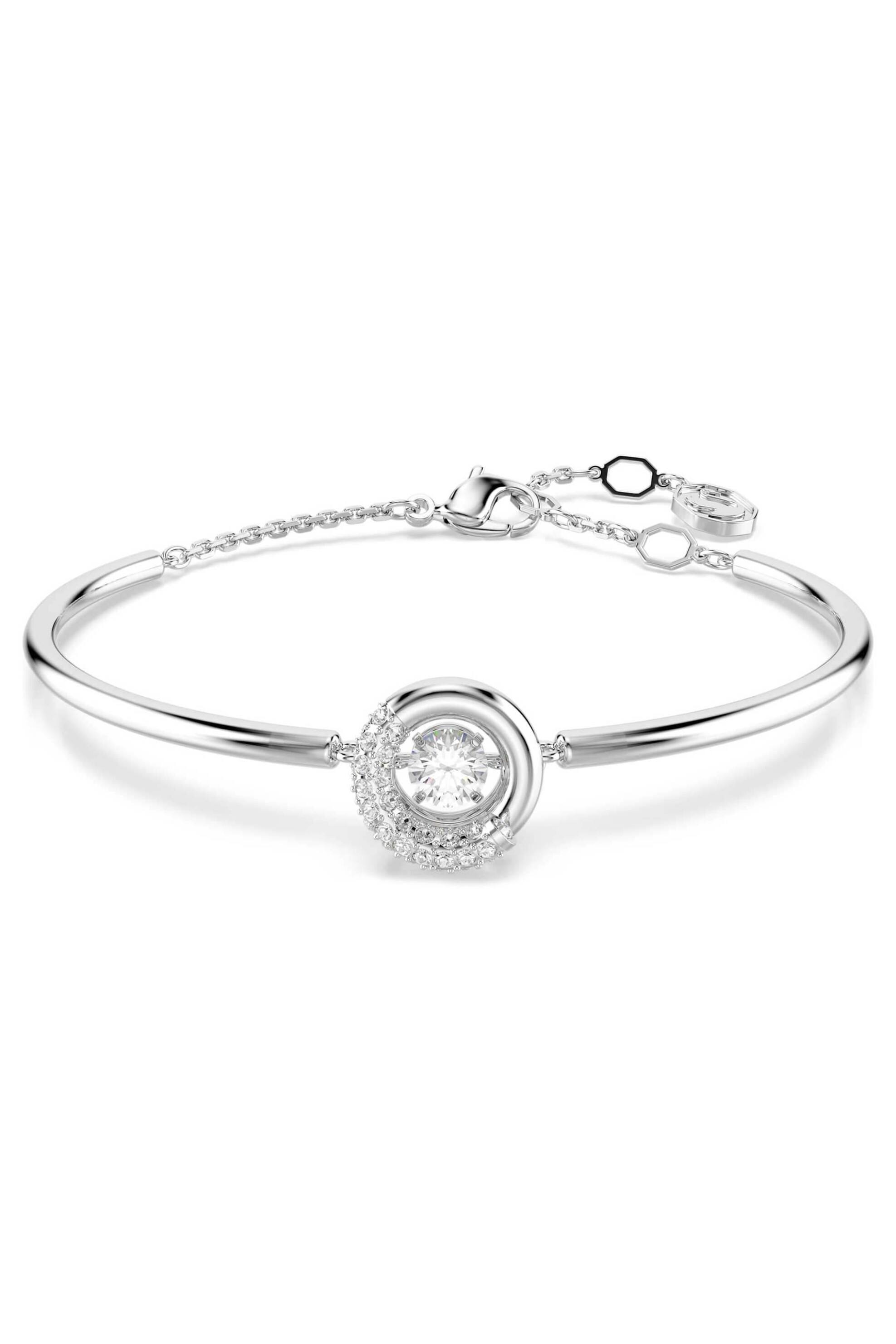 Swarovski γυναικείο άκαμπτο βραχιόλι στρογγυλή κοπή, λευκό, επιμετάλλωση ροδίου "Dextera" - 5733399