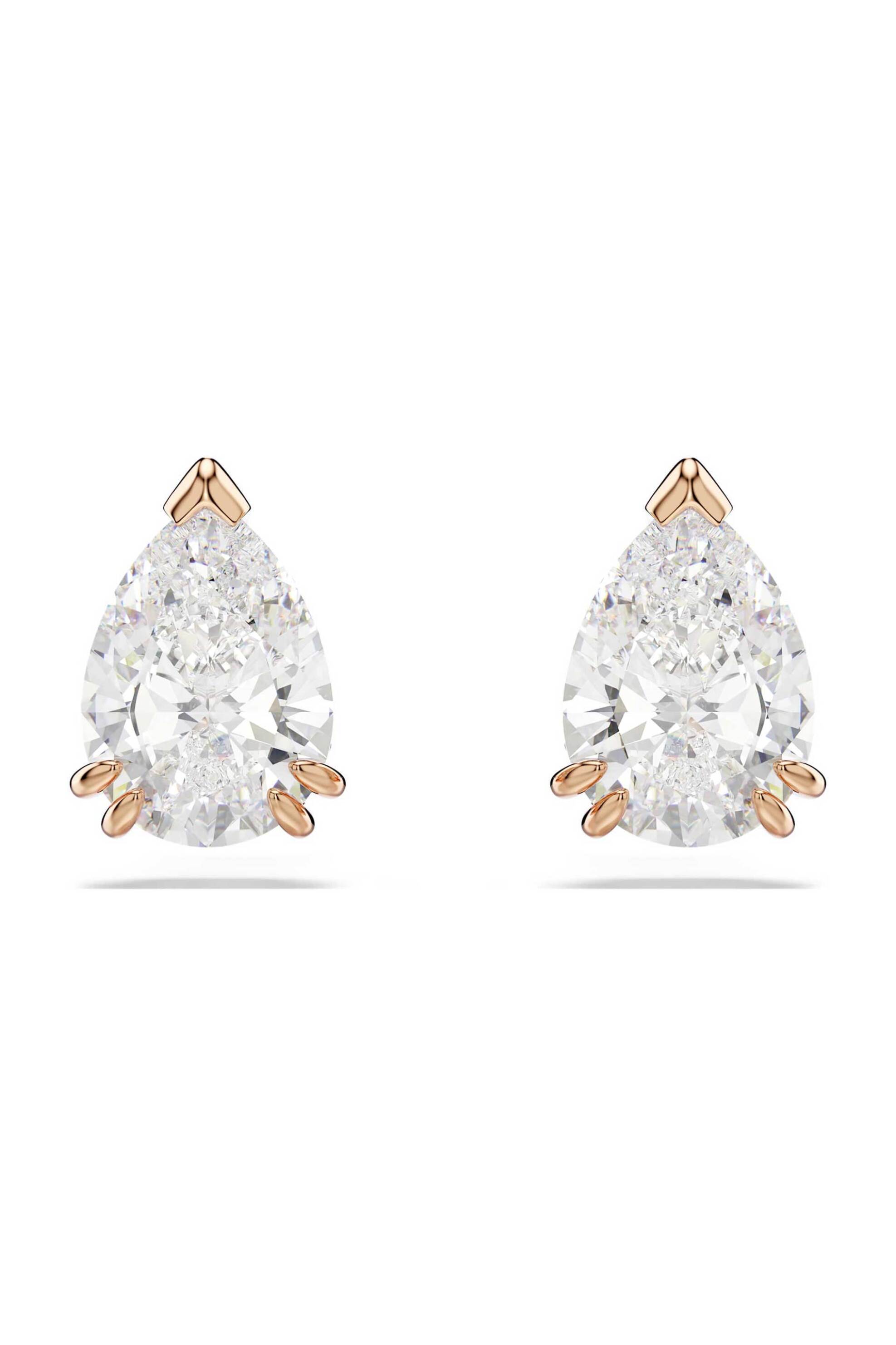 Swarovski γυναικεία σκουλαρίκια με καραφάκι κοπή pear, λευκά, επιμετάλλωση σε ροζ χρυσαφί τόνο "Stilla" - 5734248