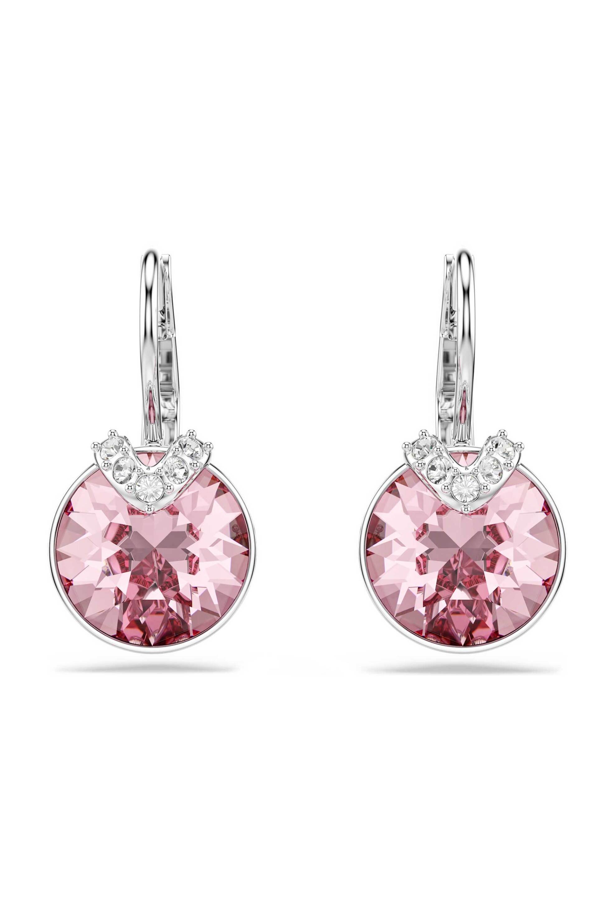 Swarovski γυναικεία σκουλαρίκια-σταγόνα στρογγυλή κοπή, ροζ, επιμετάλλωση ροδίου "Bella V" - 5734235