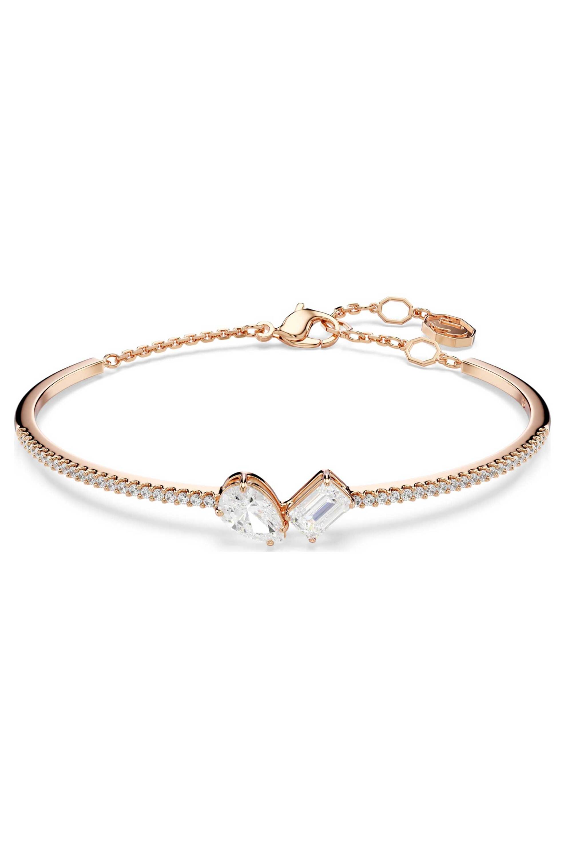 Swarovski γυναικείο άκαμπτο βραχιόλι μίξη κοπών, λευκό, επιμετάλλωση σε ροζ χρυσαφί τόνο "Mesmera" - 5734247