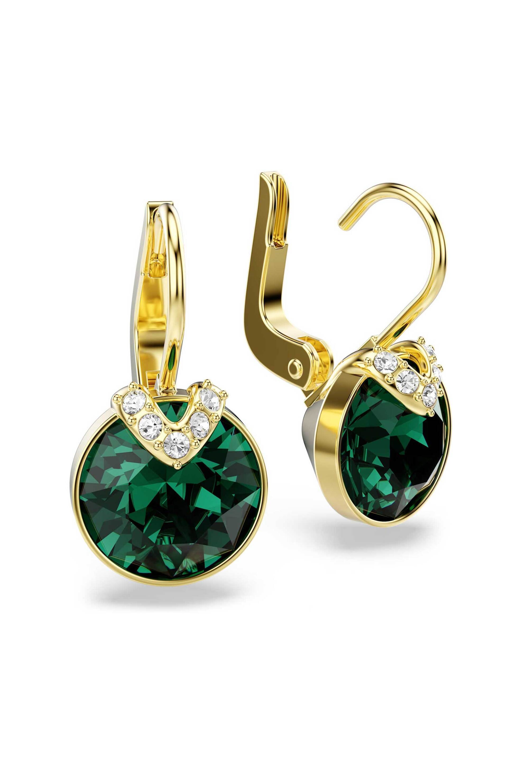 Swarovski γυναικεία σκουλαρίκια-σταγόνα στρογγυλή κοπή, πράσινα, επιμετάλλωση σε χρυσαφί τόνο 