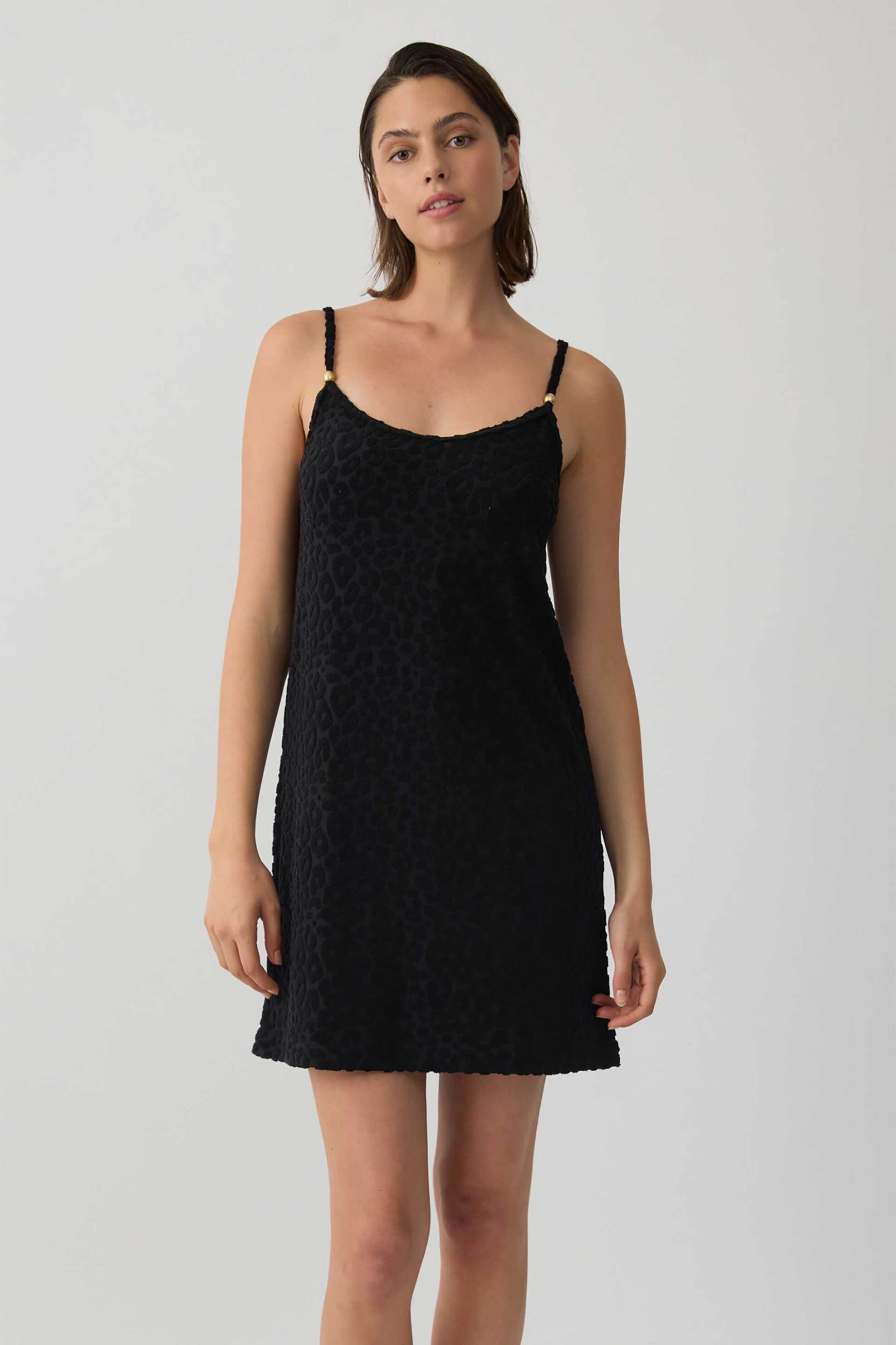 Minerva γυναικείο mini φόρεμα αμάνικο πετσετέ με leopard pattern - 90-53341-002-045 Μαύρο