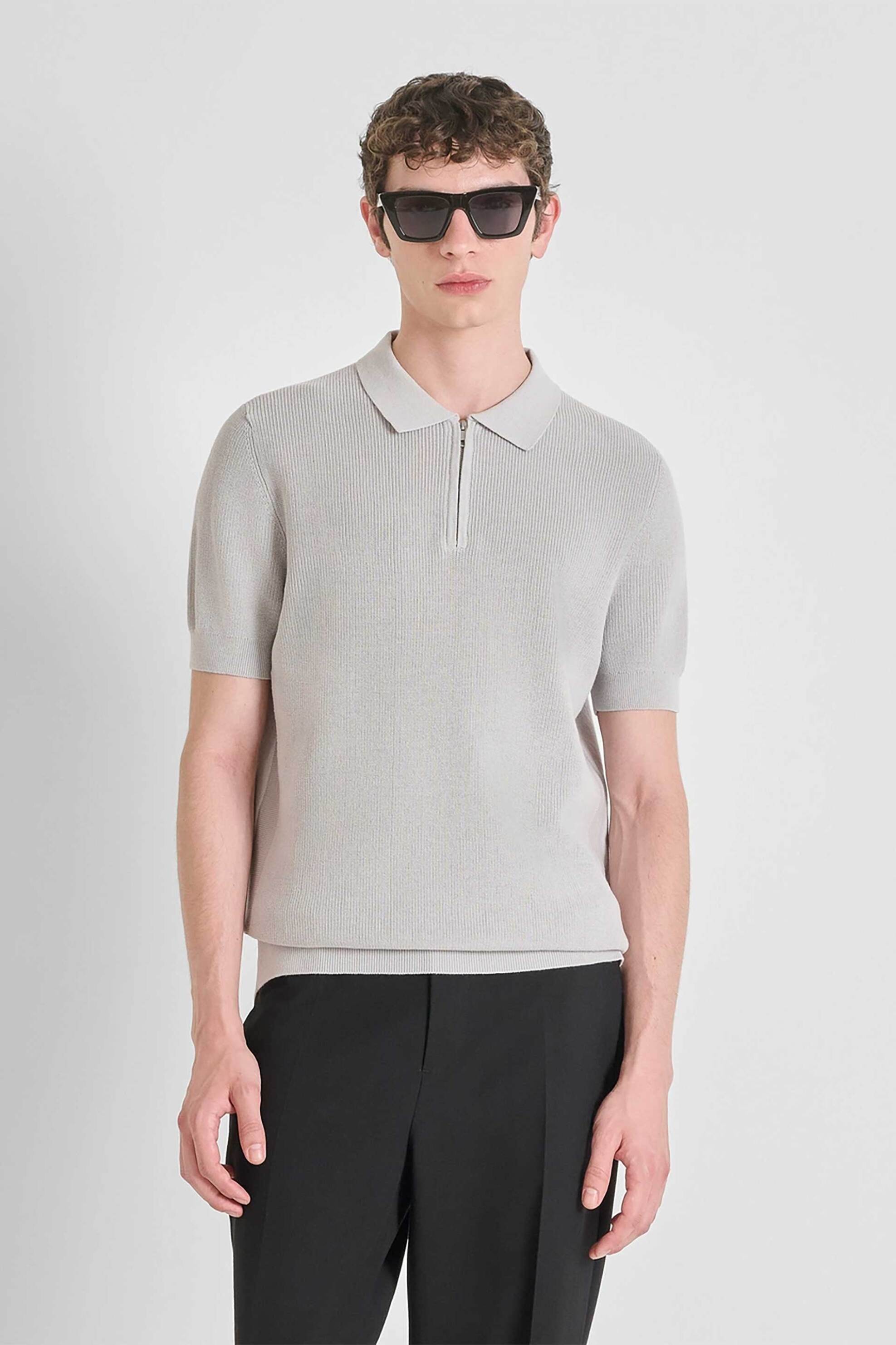 ANTONY MORATO Antony Morato ανδρική πλεκτή μπλούζα πόλο με κοντό μανίκι Regular Fit - SW01521YA100071 Γκρι