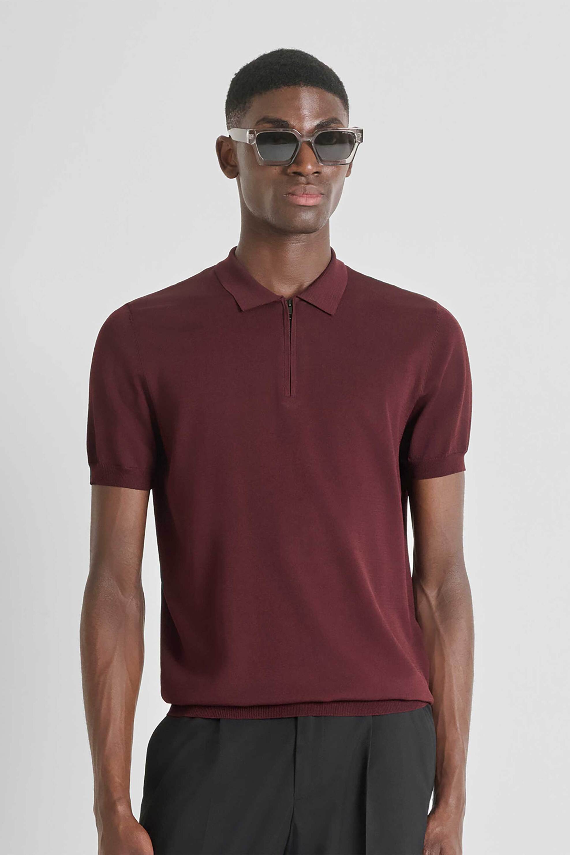 Antony Morato ανδρική πλεκτή μπλούζα πόλο με κοντό μανίκι Slim Fit - SW01526YA500084 Μπορντό
