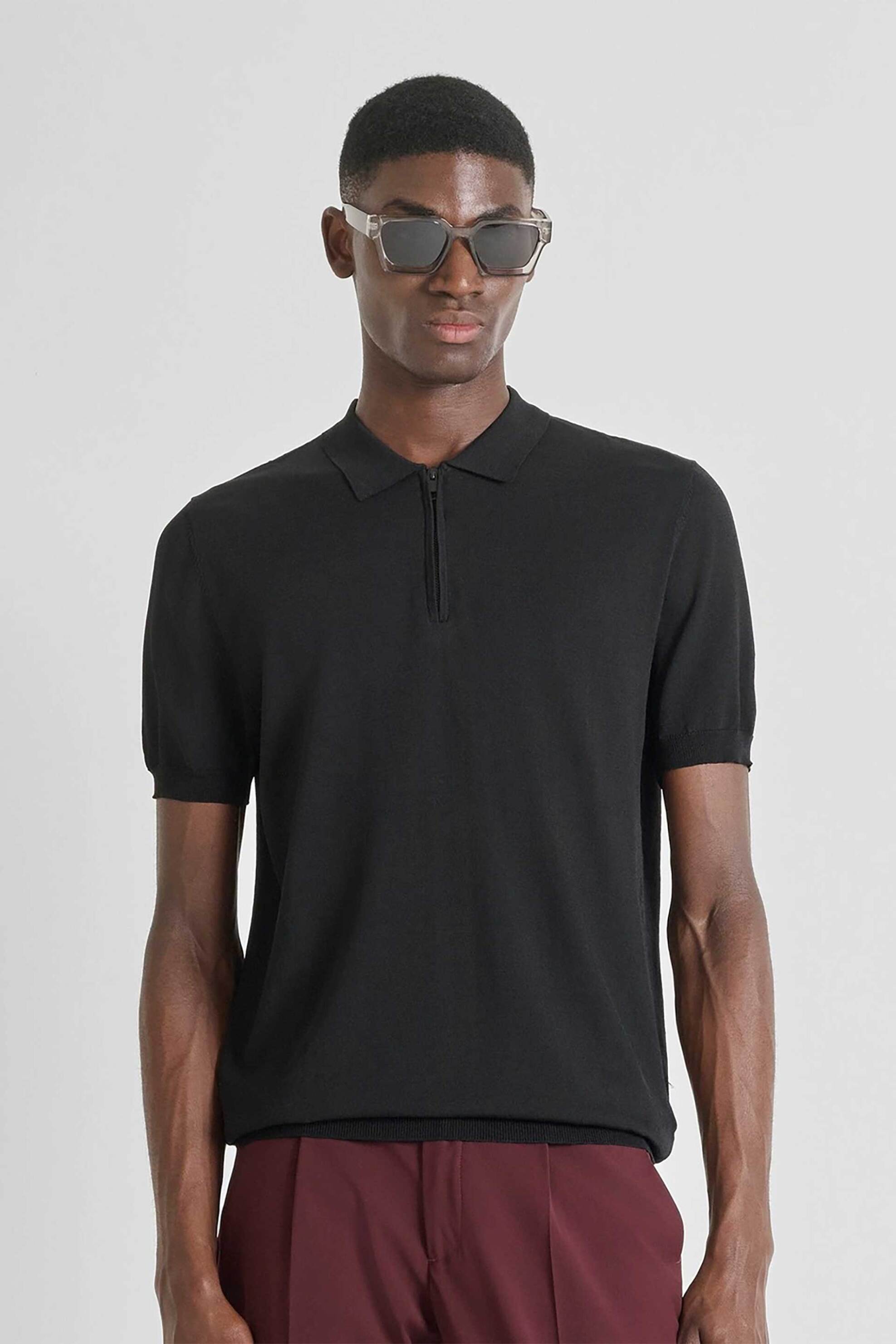 Antony Morato ανδρική πλεκτή μπλούζα πόλο με κοντό μανίκι Slim Fit - SW01526YA500084 Μαύρο