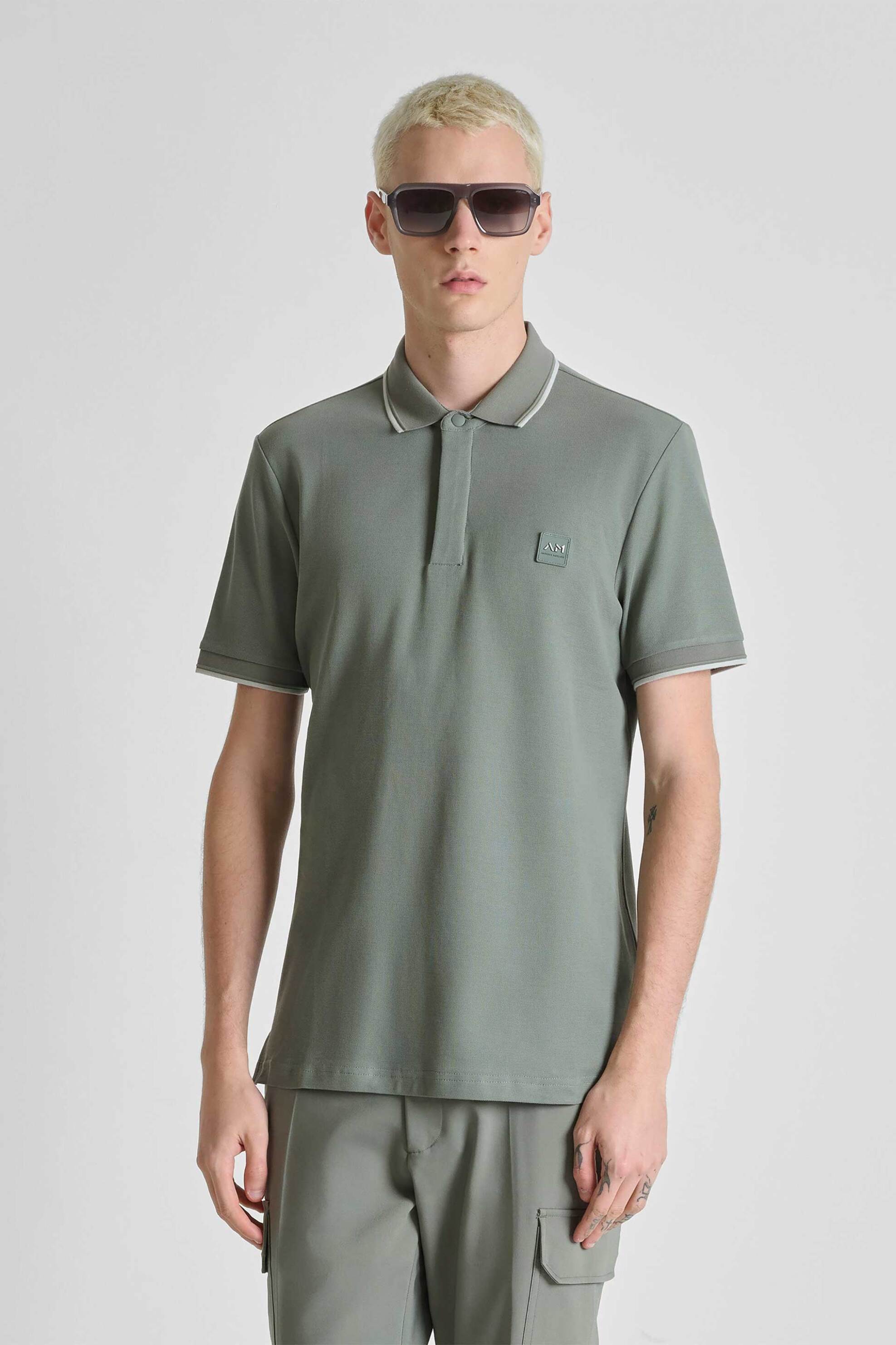 Antony Morato ανδρική μπλούζα πόλο πικέ με contrast trims και logo patch Regular Fit - KS02640FA100270 Λαδί