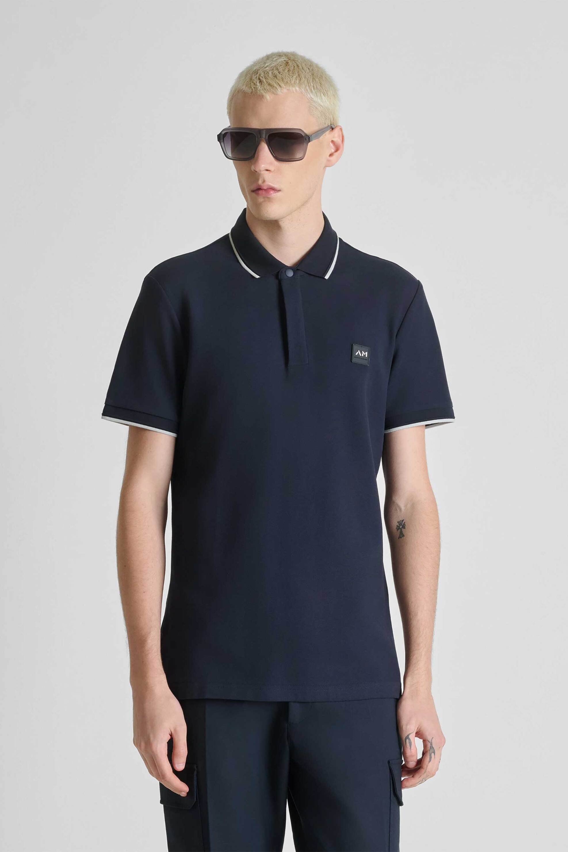 Antony Morato ανδρική μπλούζα πόλο πικέ με contrast trims και logo patch Regular Fit - KS02640FA100270 Μπλε Σκούρο