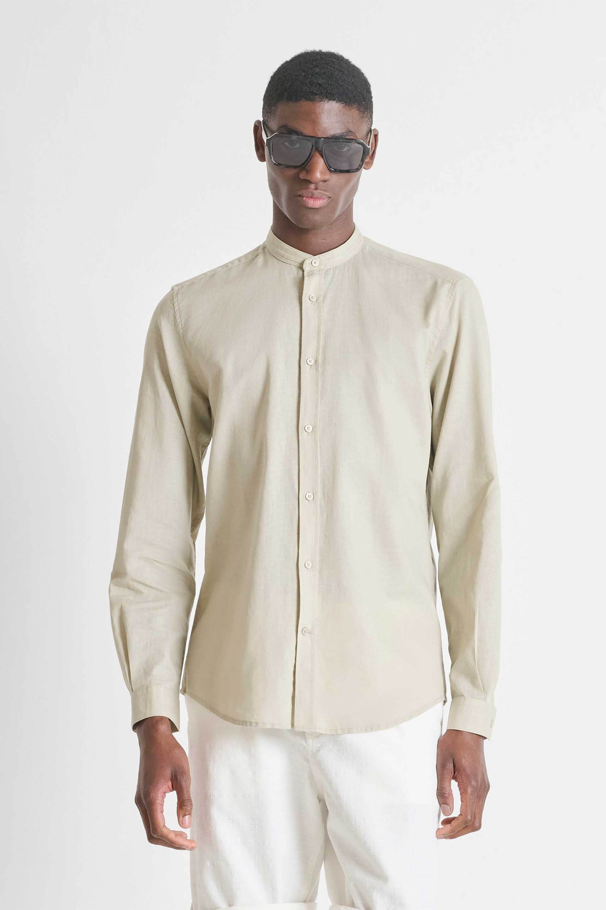 Antony Morato ανδρικό πουκάμισο μάο μονόχρωμο Regular Fit "Toledo" - SL00801FA401074 Μπεζ