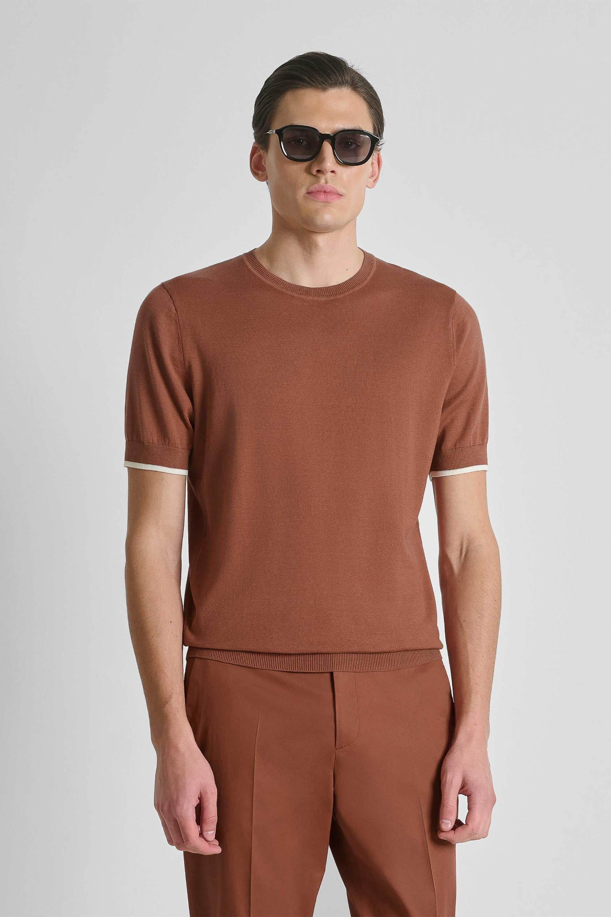 Antony Morato ανδρική πλεκτή μπλούζα μονόχρωμη Regular Fit - SW01602YA100073 Κεραμιδί